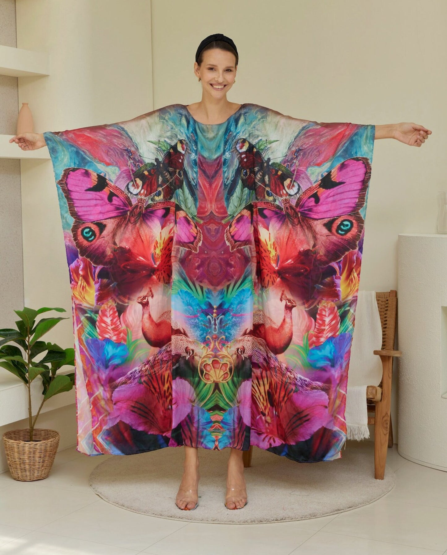 Boho Abstract Pink Gradient Silk Floral Kaftan Dress