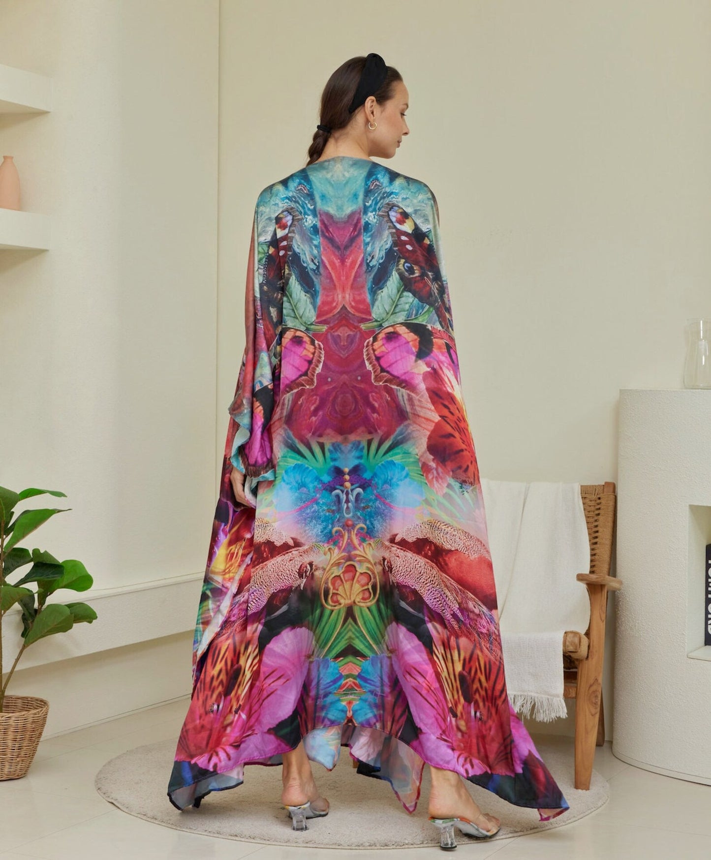 Boho Abstract Pink Gradient Silk Floral Kaftan Dress