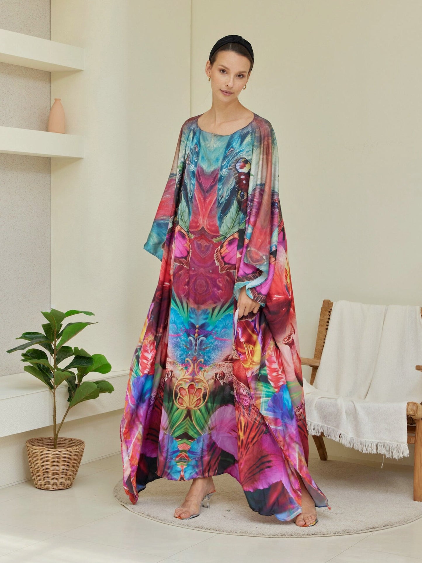 Boho Abstract Pink Gradient Silk Floral Kaftan Dress