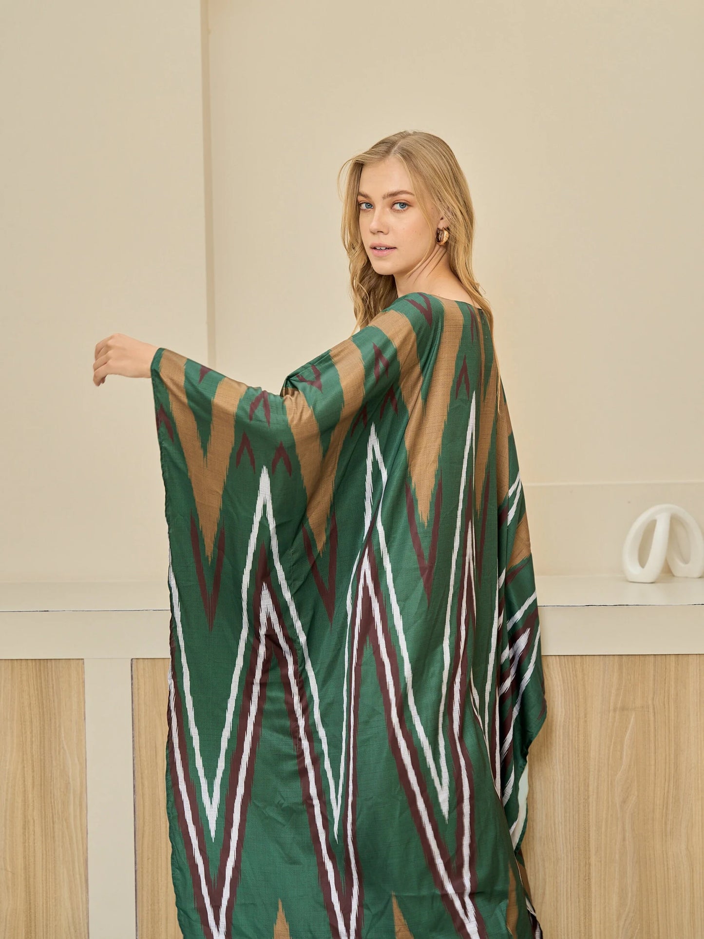 Boho Dark Green Ikat Print Kaftan Dress