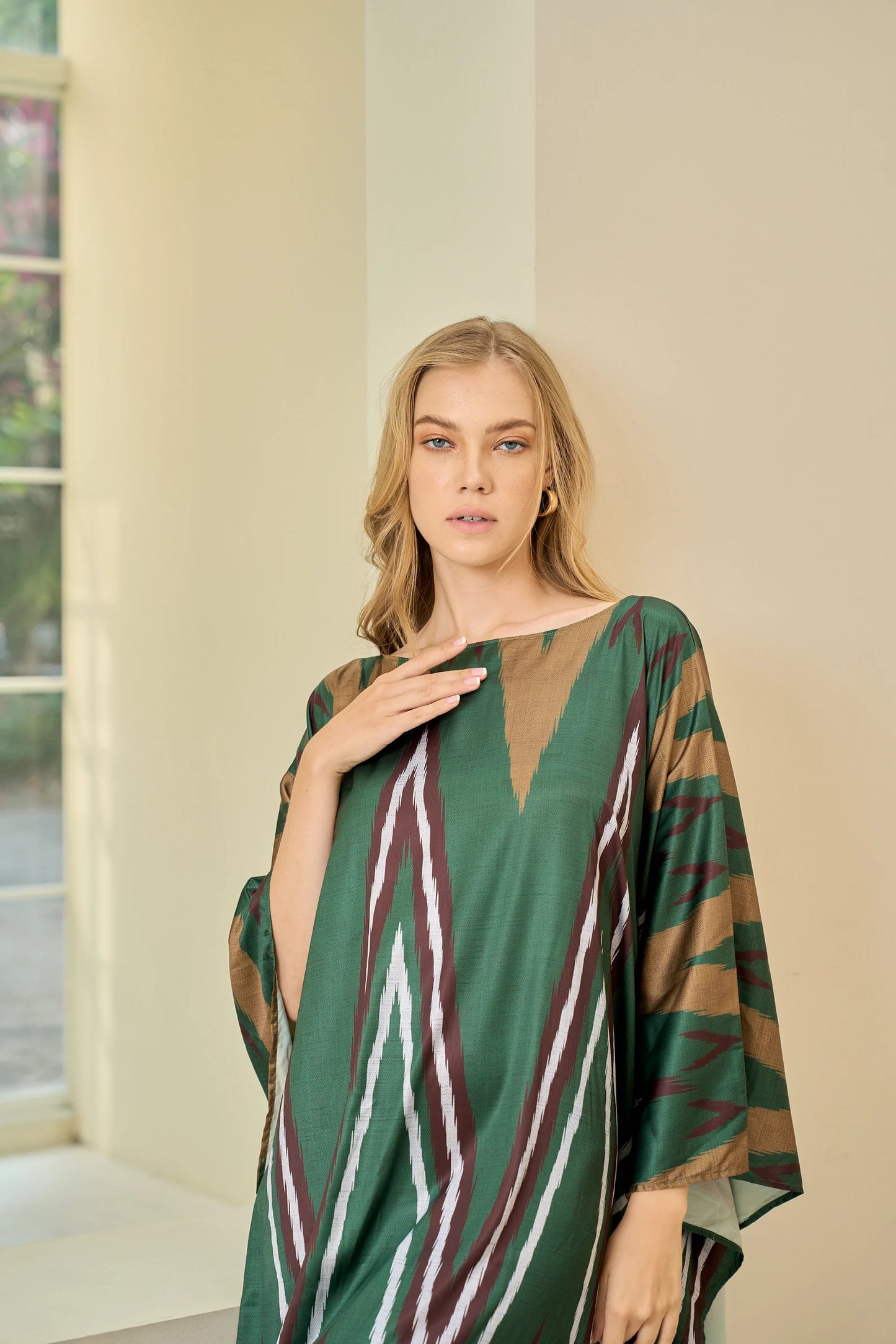 Boho Dark Green Ikat Print Kaftan Dress