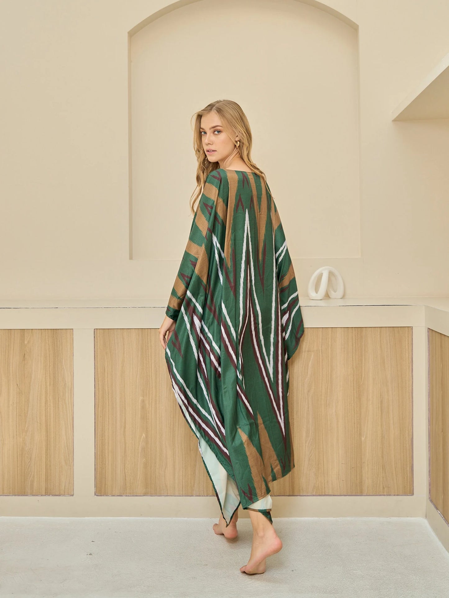 Boho Dark Green Ikat Print Kaftan Dress