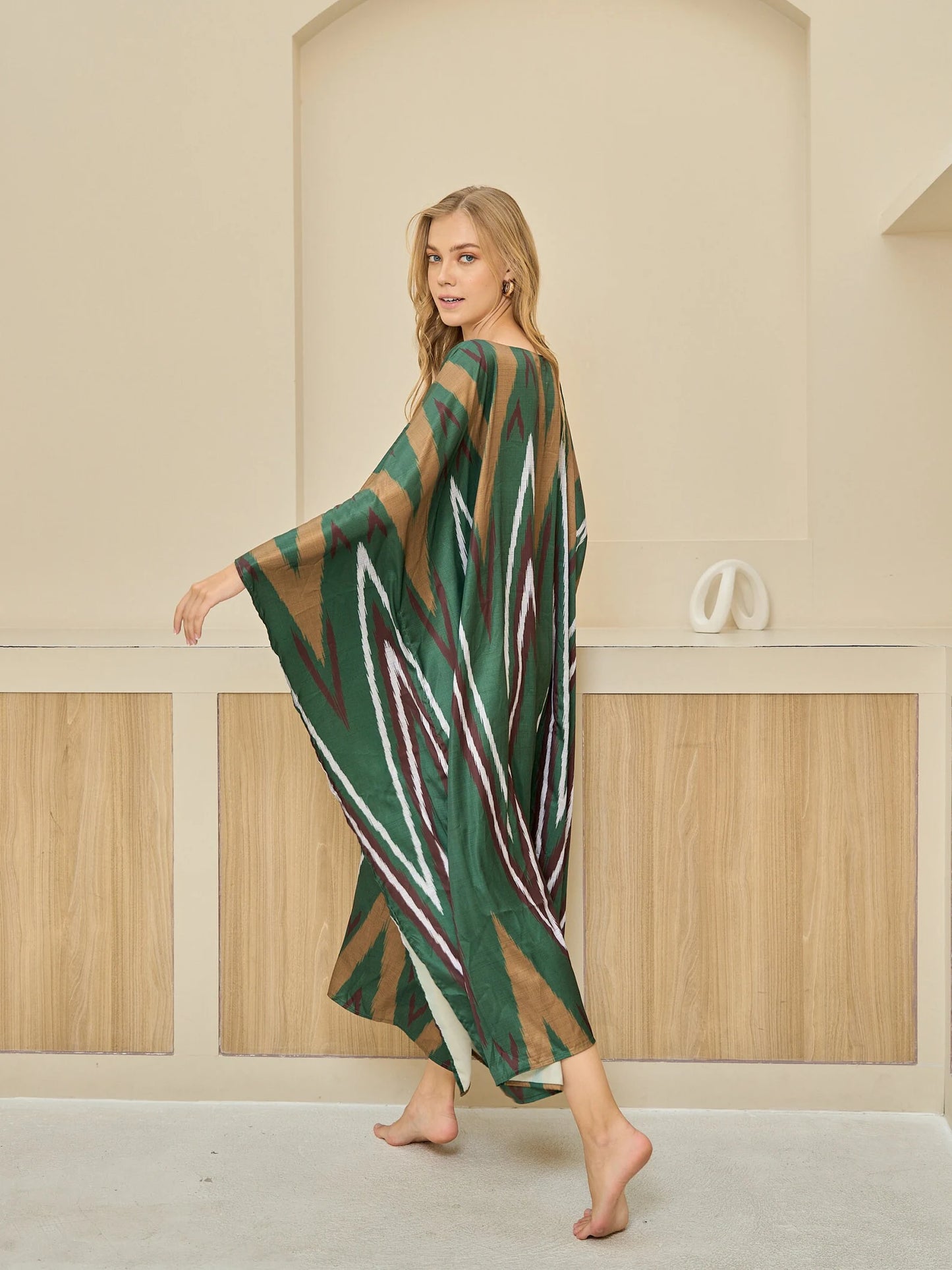 Boho Dark Green Ikat Print Kaftan Dress