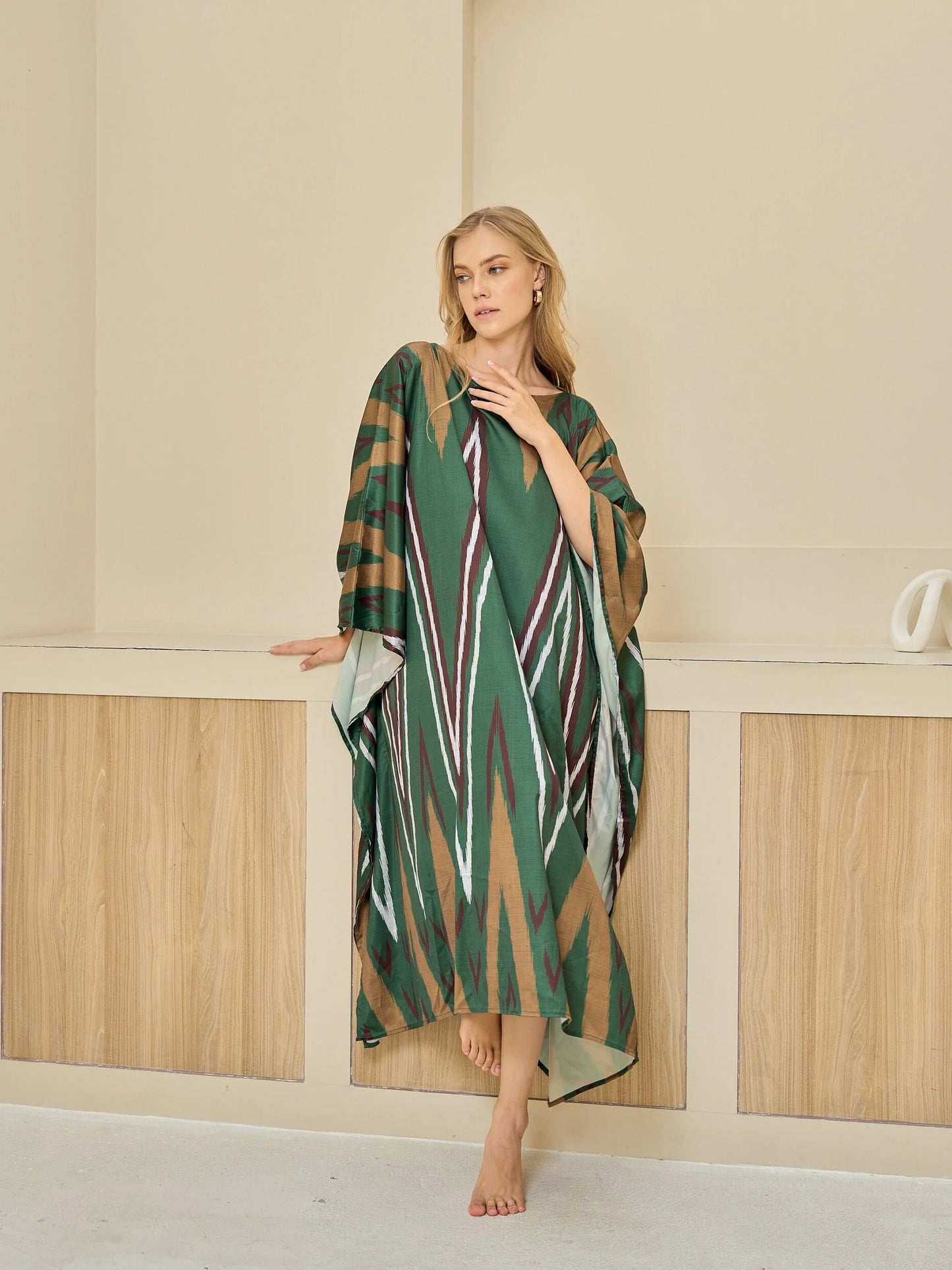 Boho Dark Green Ikat Print Kaftan Dress