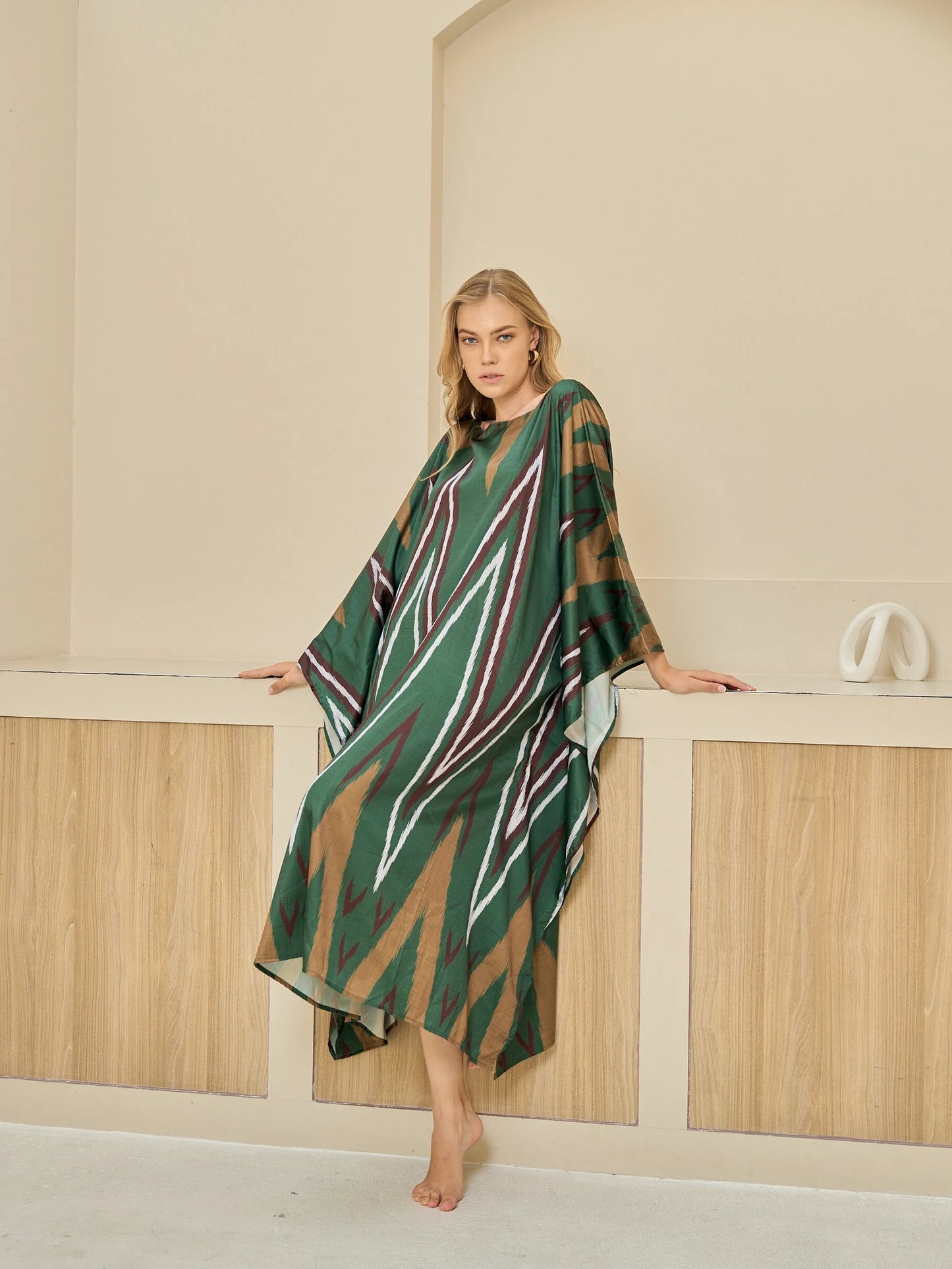 Boho Dark Green Ikat Print Kaftan Dress