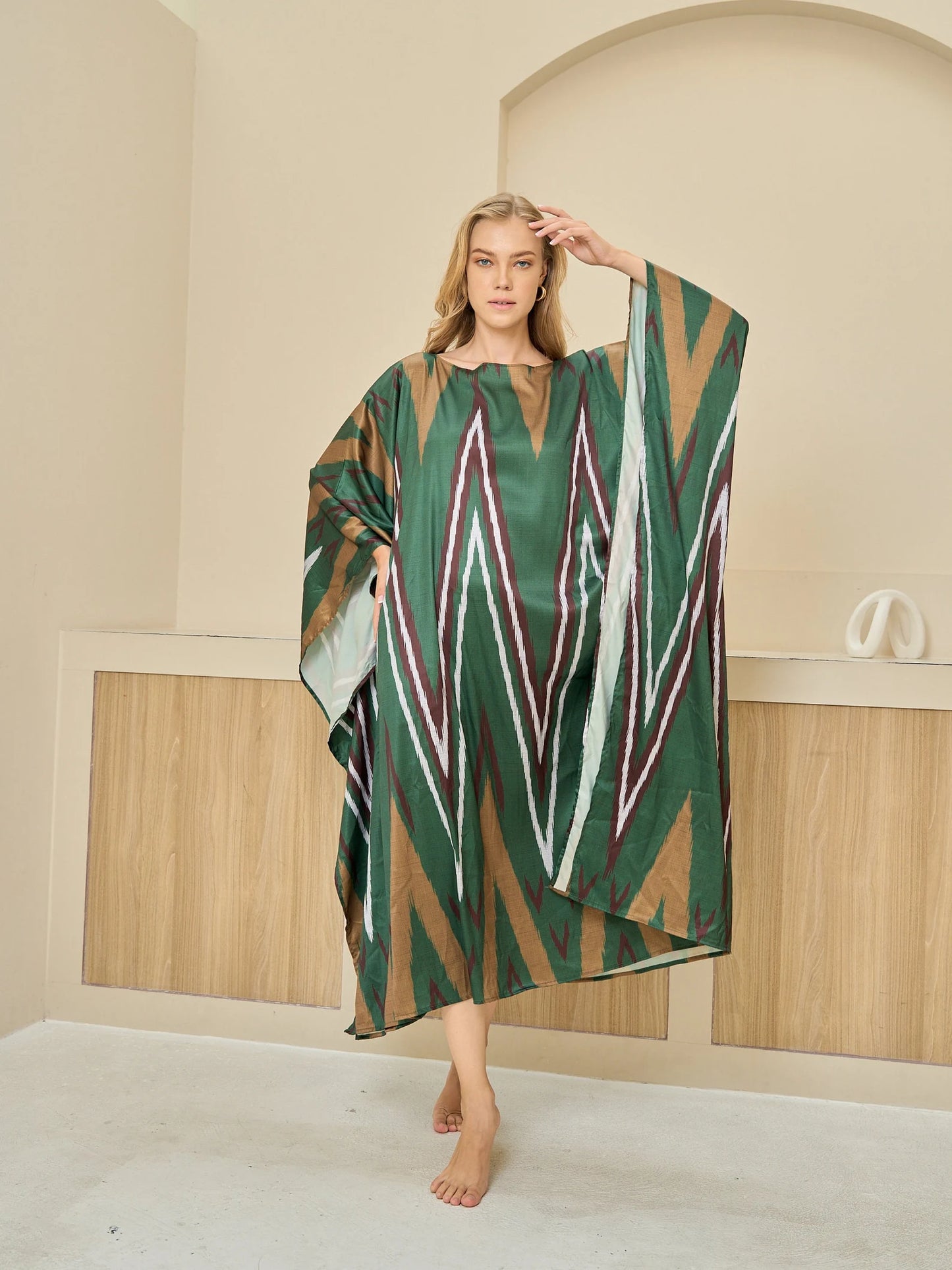 Boho Dark Green Ikat Print Kaftan Dress