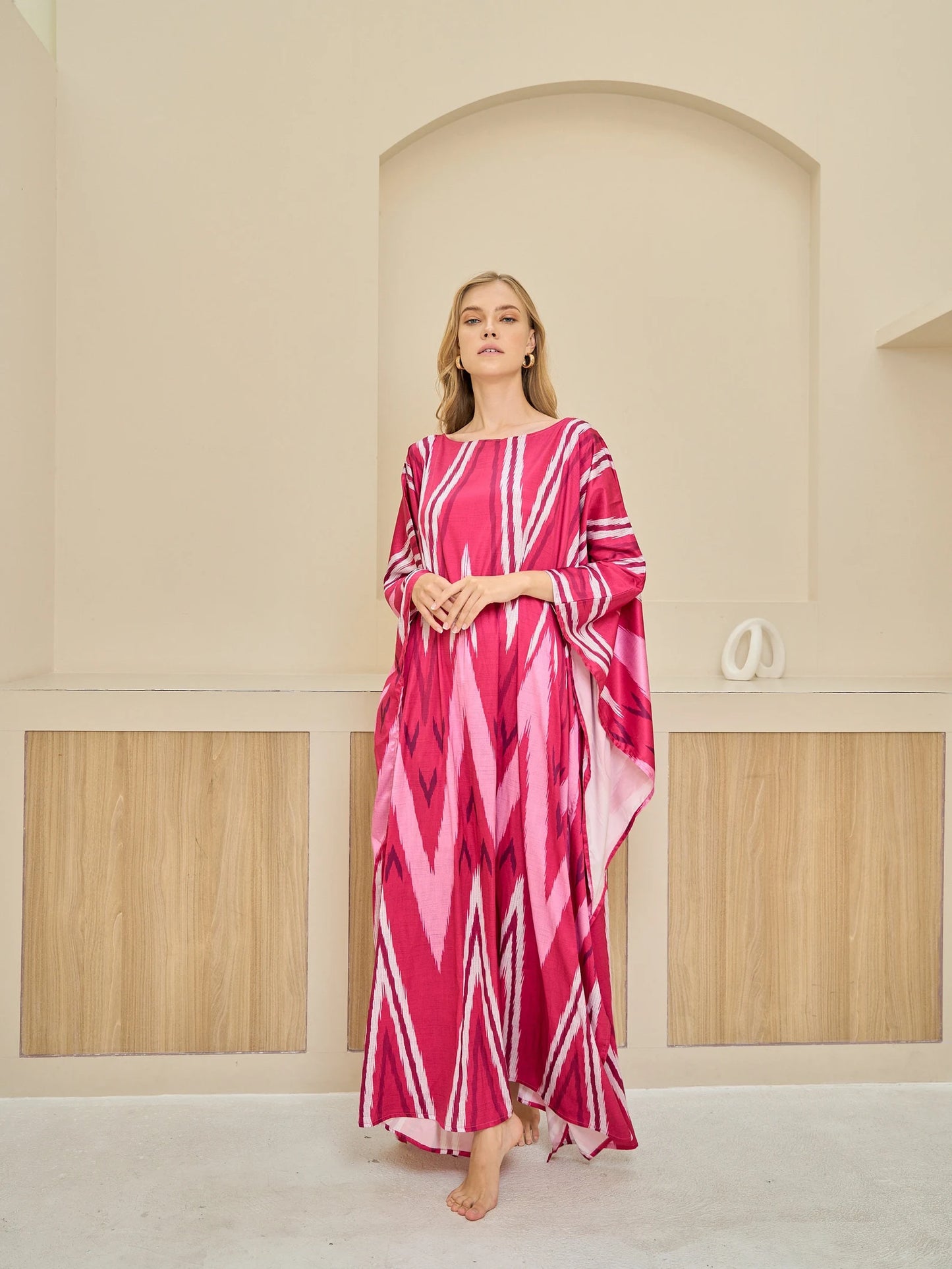 Boho Pink Ikat Print Dresses Kaftan Women Straight Cut Beach Caftan Plus Size