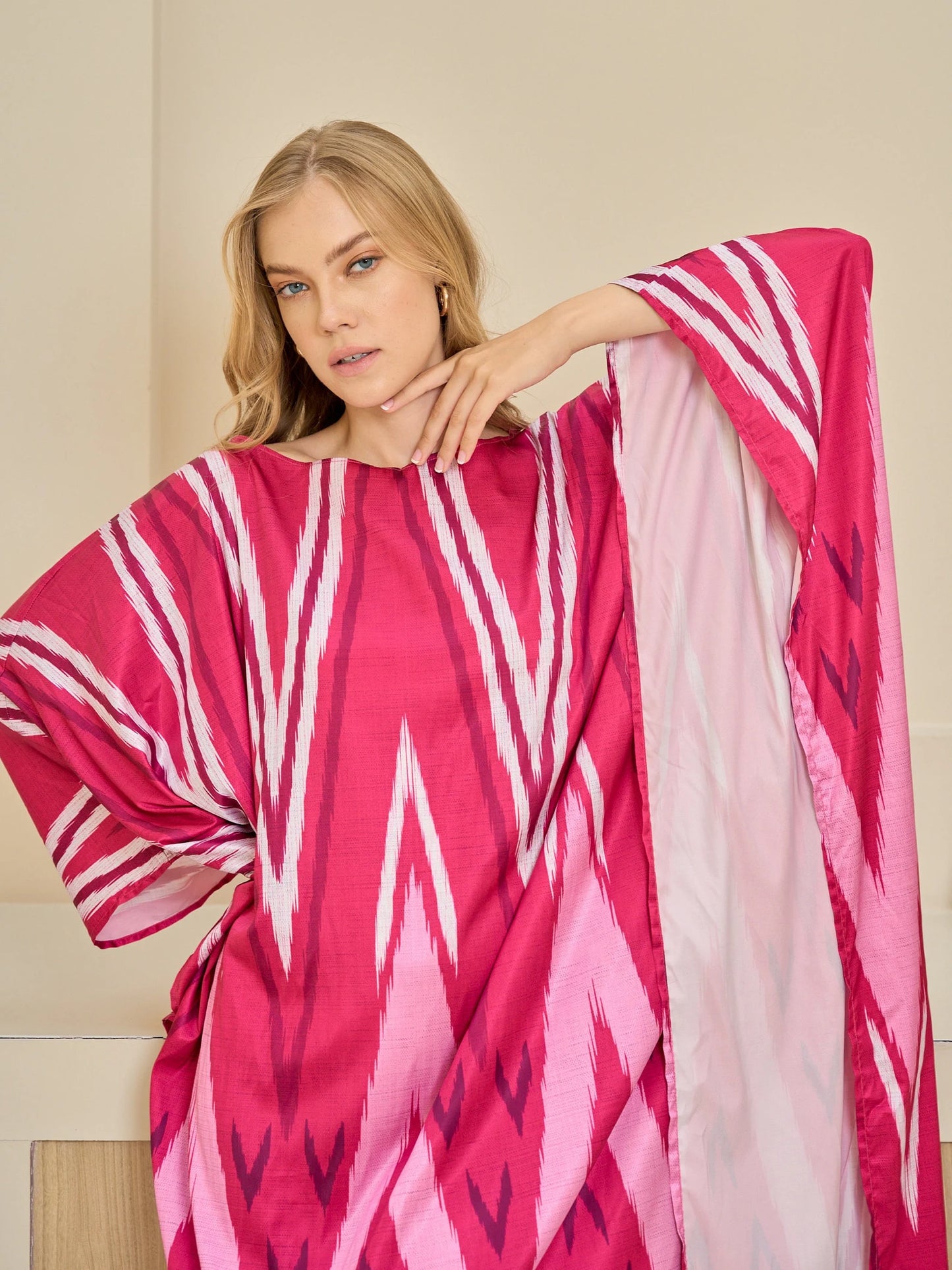 Boho Pink Ikat Print Dresses Kaftan Women Straight Cut Beach Caftan Plus Size