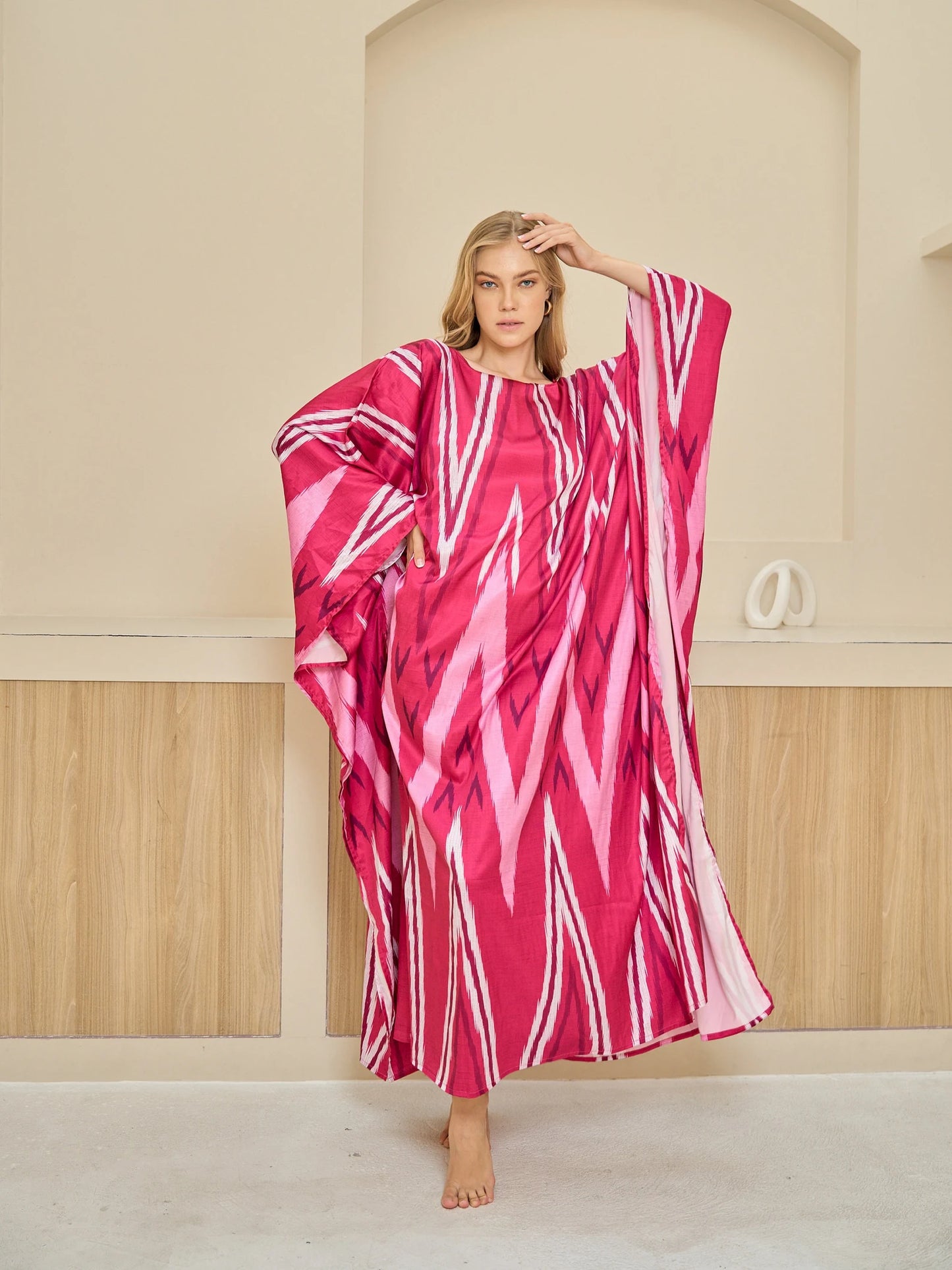 Boho Pink Ikat Print Dresses Kaftan Women Straight Cut Beach Caftan Plus Size