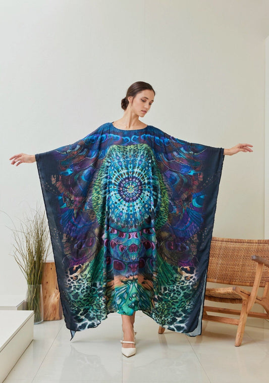 Boho Silk Tiedye Peacock Butterfly Kaftan Gown Dress