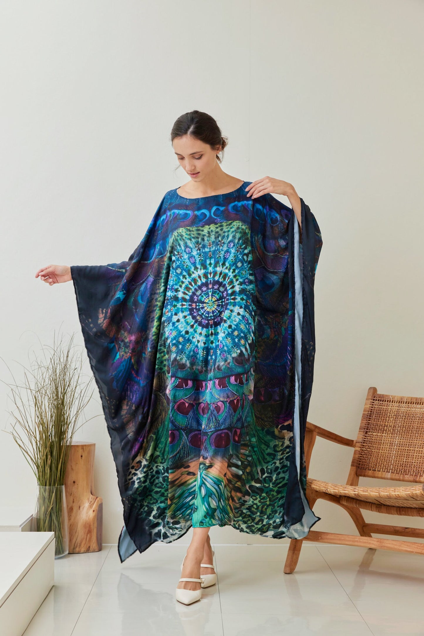 Boho Silk Tiedye Peacock Butterfly Kaftan Gown Dress