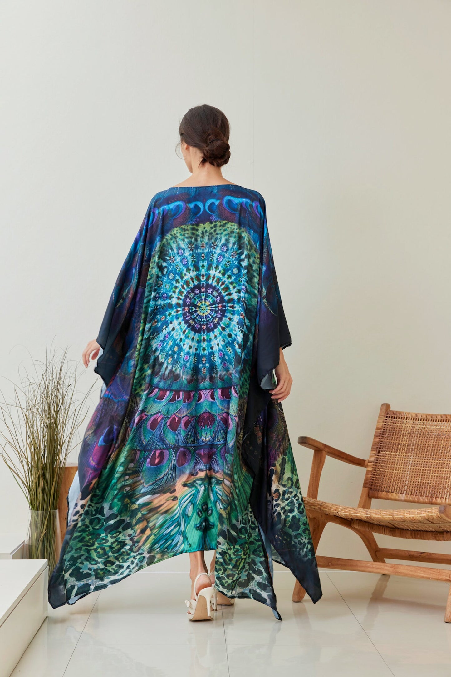 Boho Silk Tiedye Peacock Butterfly Kaftan Gown Dress