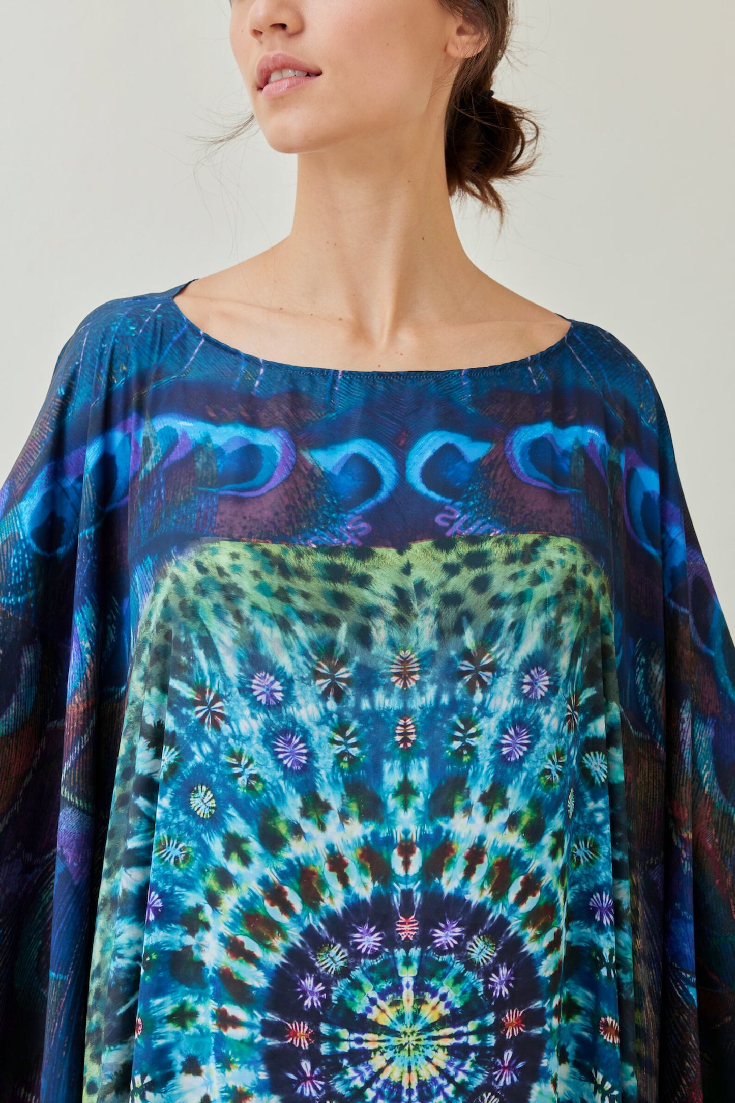 Boho Silk Tiedye Peacock Butterfly Kaftan Gown Dress