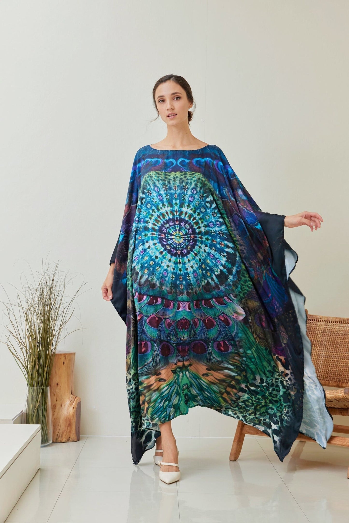 Boho Silk Tiedye Peacock Butterfly Kaftan Gown Dress