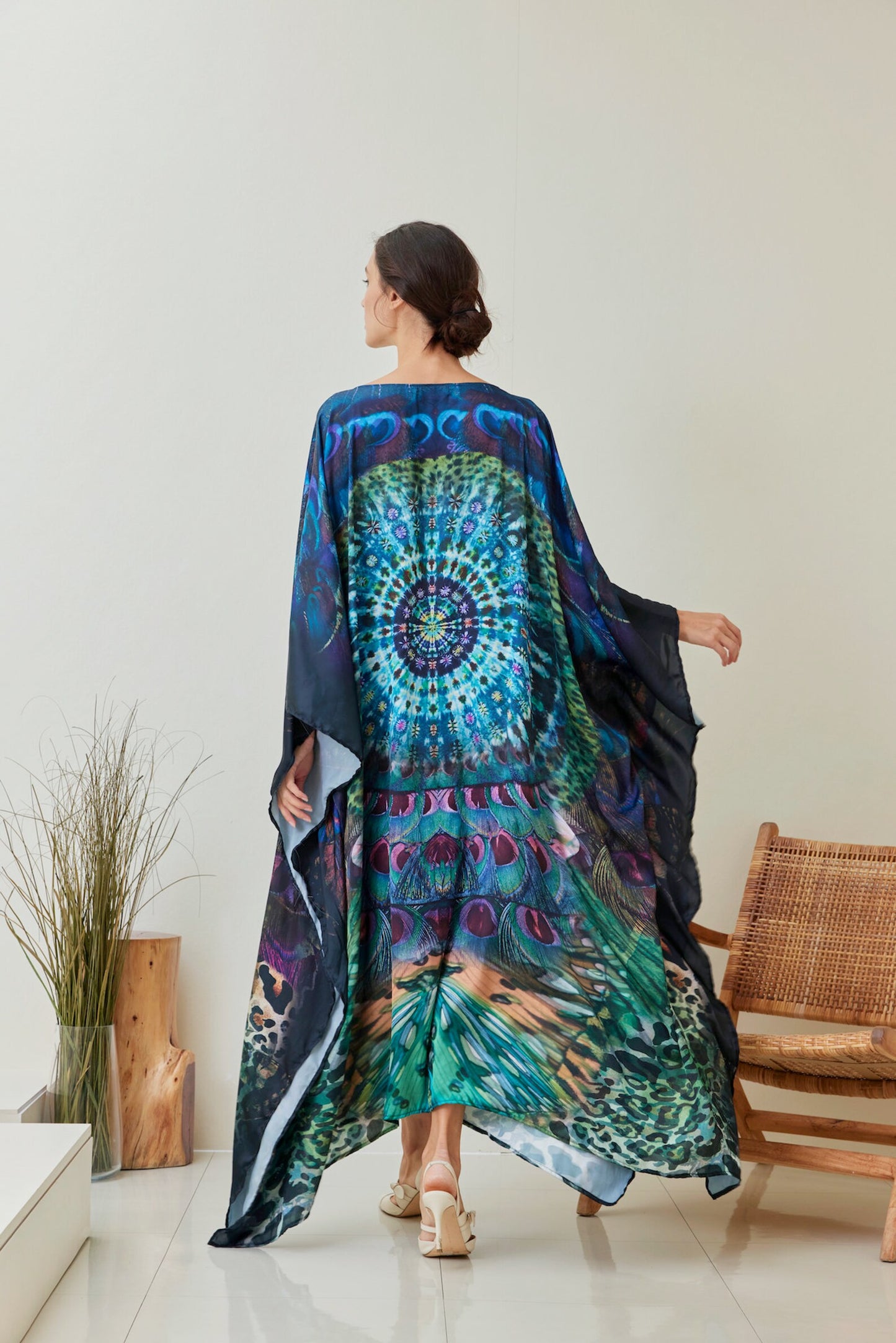 Boho Silk Tiedye Peacock Butterfly Kaftan Gown Dress