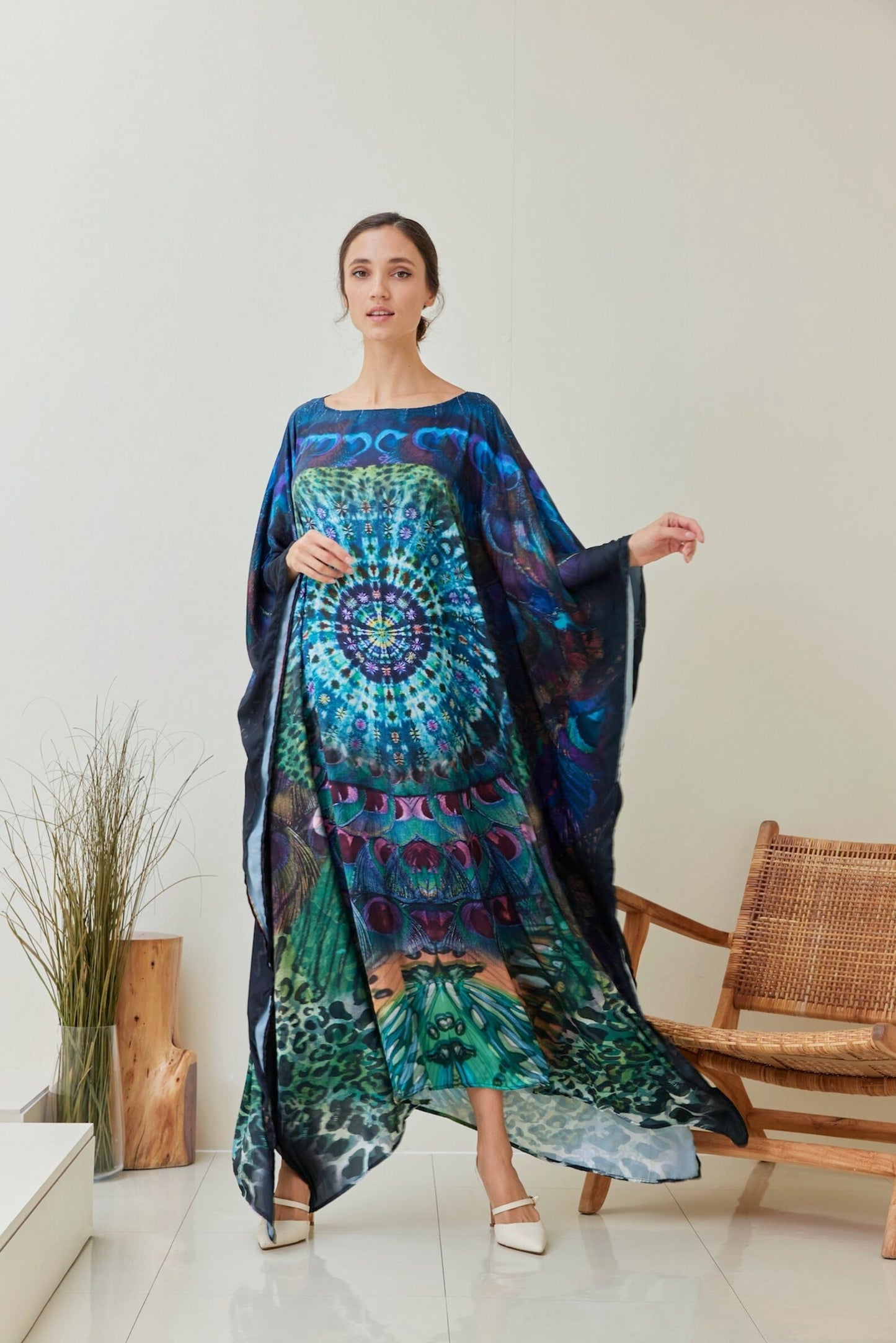 Boho Silk Tiedye Peacock Butterfly Kaftan Gown Dress