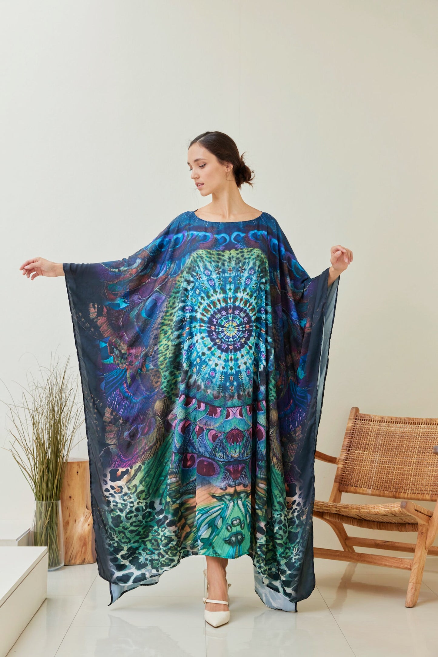 Boho Silk Tiedye Peacock Butterfly Kaftan Gown Dress