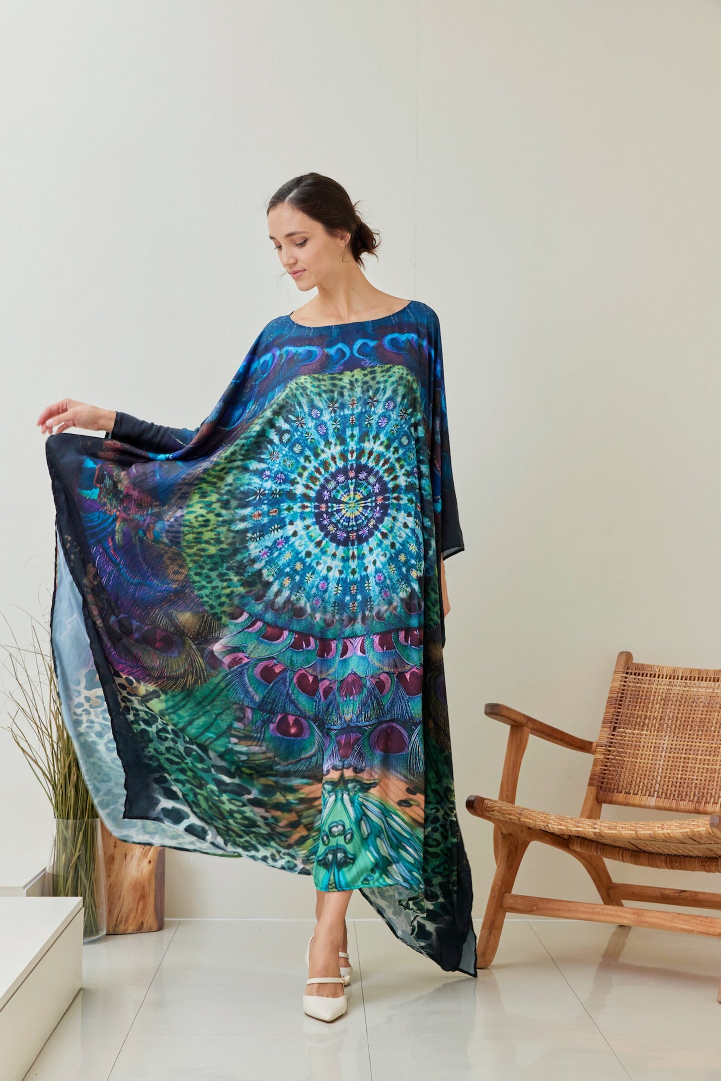 Boho Silk Tiedye Peacock Butterfly Kaftan Gown Dress