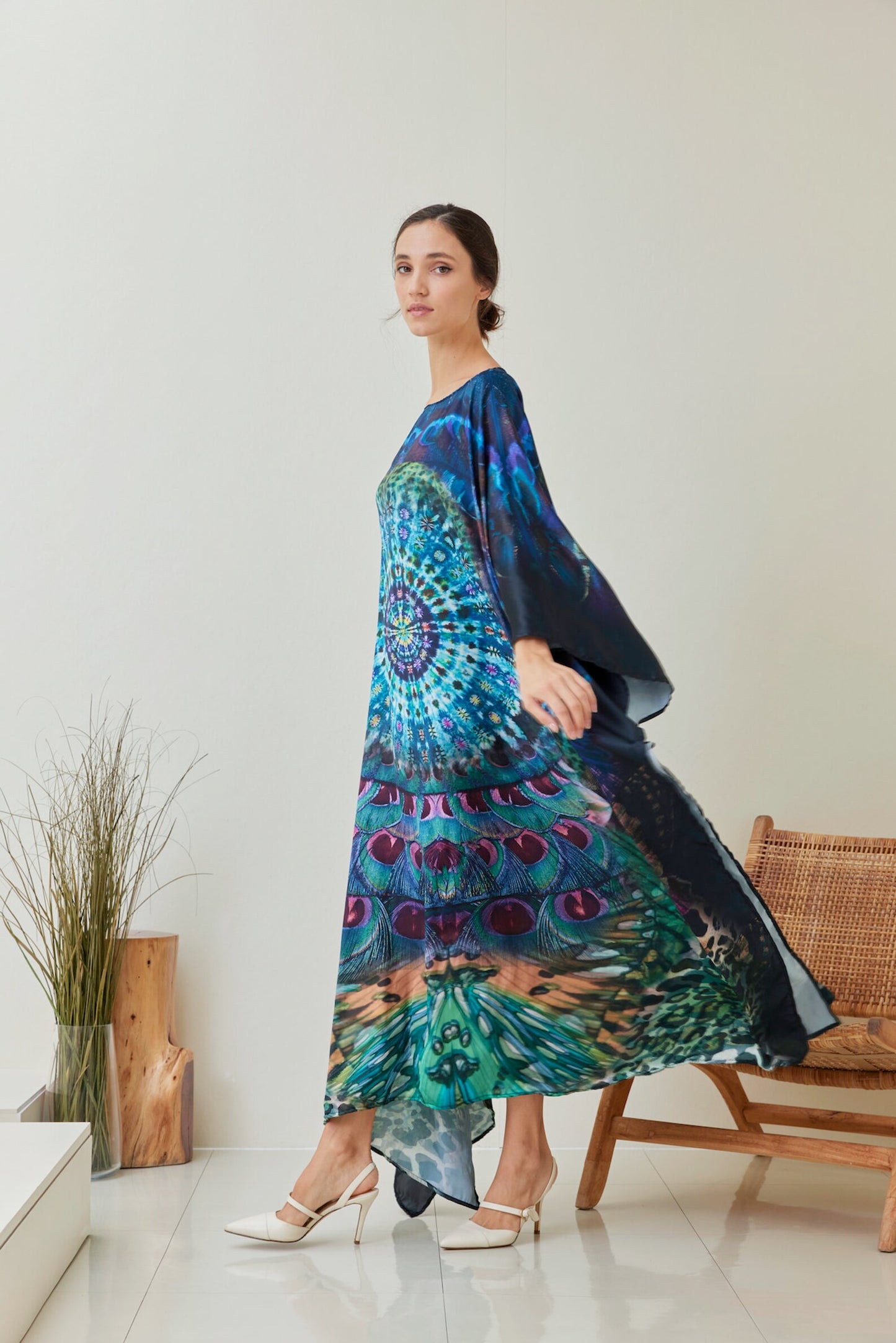 Boho Silk Tiedye Peacock Butterfly Kaftan Gown Dress