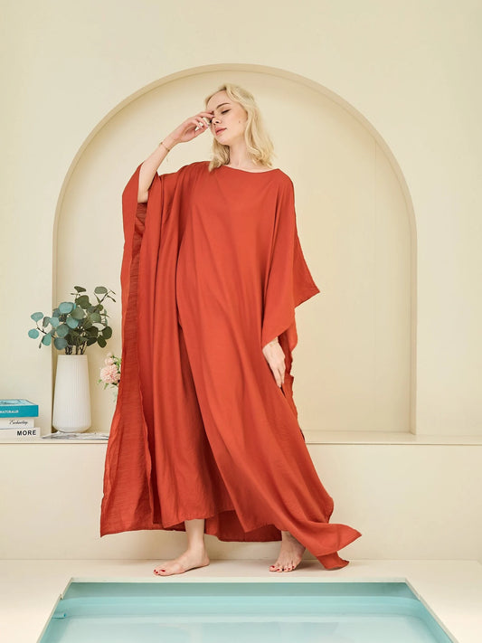 Brick Red Dark Orange for Women Silk Japan Kaftan Dress Earthy Caftan Plus Size