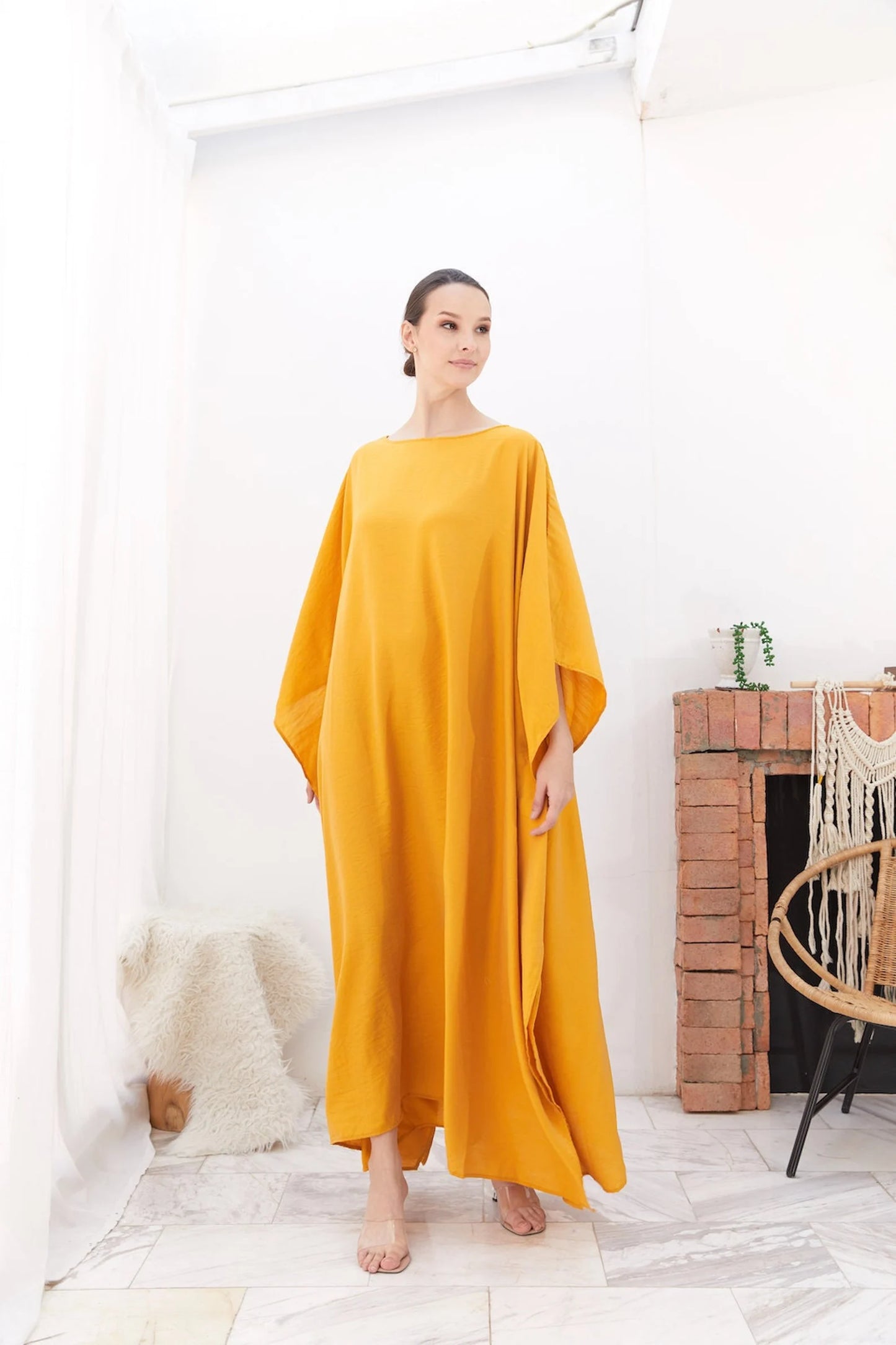 Bright Gold Silk Japan Kaftan Women Plus Size Evening Loungewear Dress