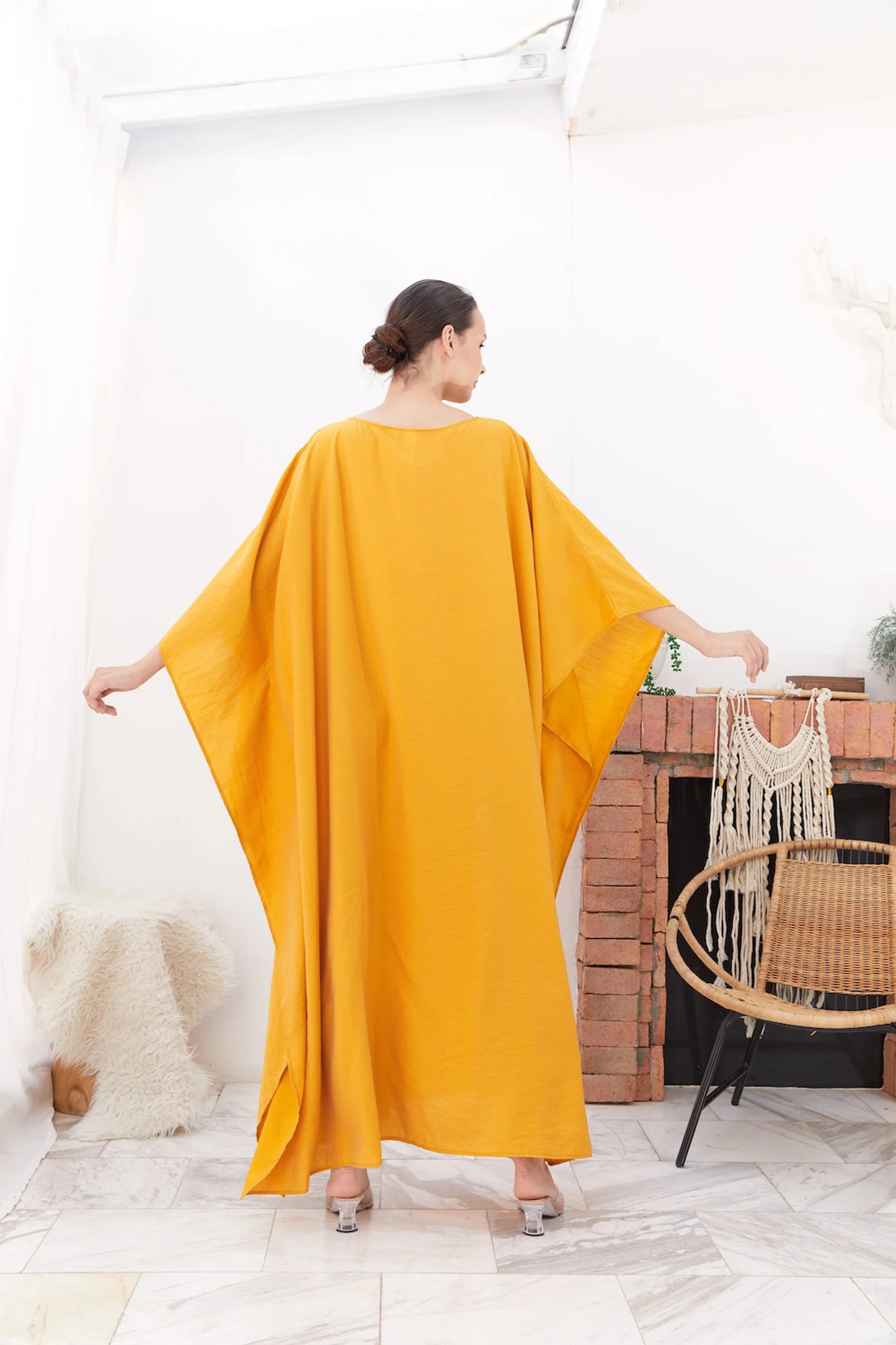 Bright Gold Silk Japan Kaftan Women Plus Size Evening Loungewear Dress