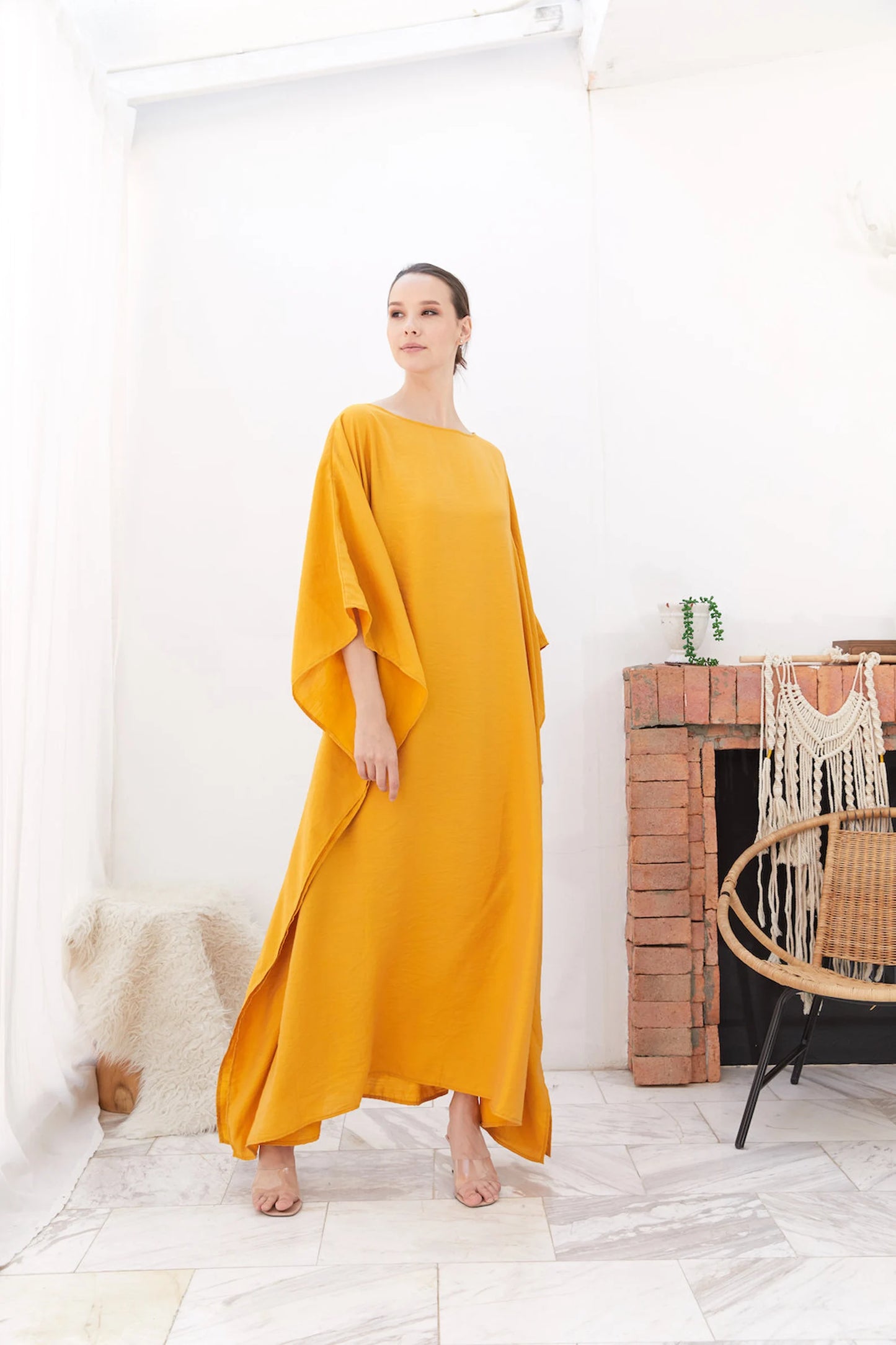 Bright Gold Silk Japan Kaftan Women Plus Size Evening Loungewear Dress