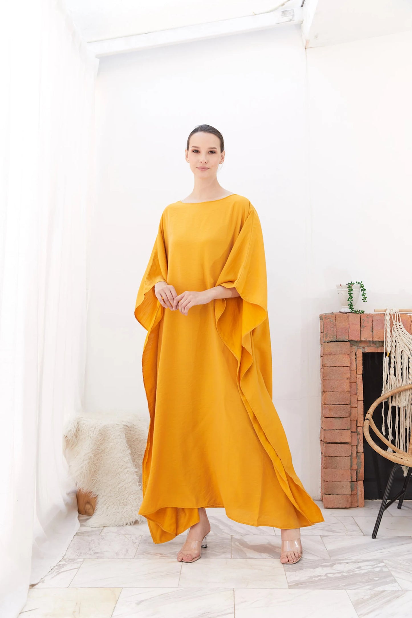 Bright Gold Silk Japan Kaftan Women Plus Size Evening Loungewear Dress