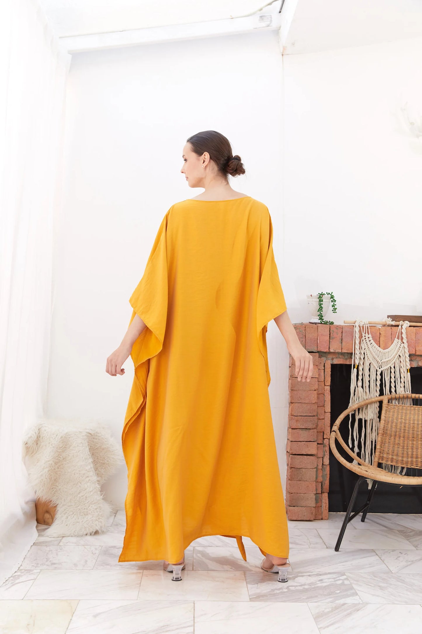 Bright Gold Silk Japan Kaftan Women Plus Size Evening Loungewear Dress