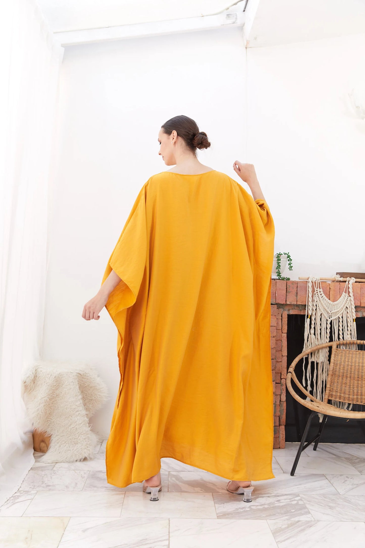 Bright Gold Silk Japan Kaftan Women Plus Size Evening Loungewear Dress