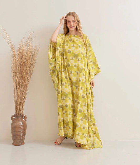 Bright Tie dye Print Yellow Kaftan Silk Wedding Dress Beach Wear Dressing Gown