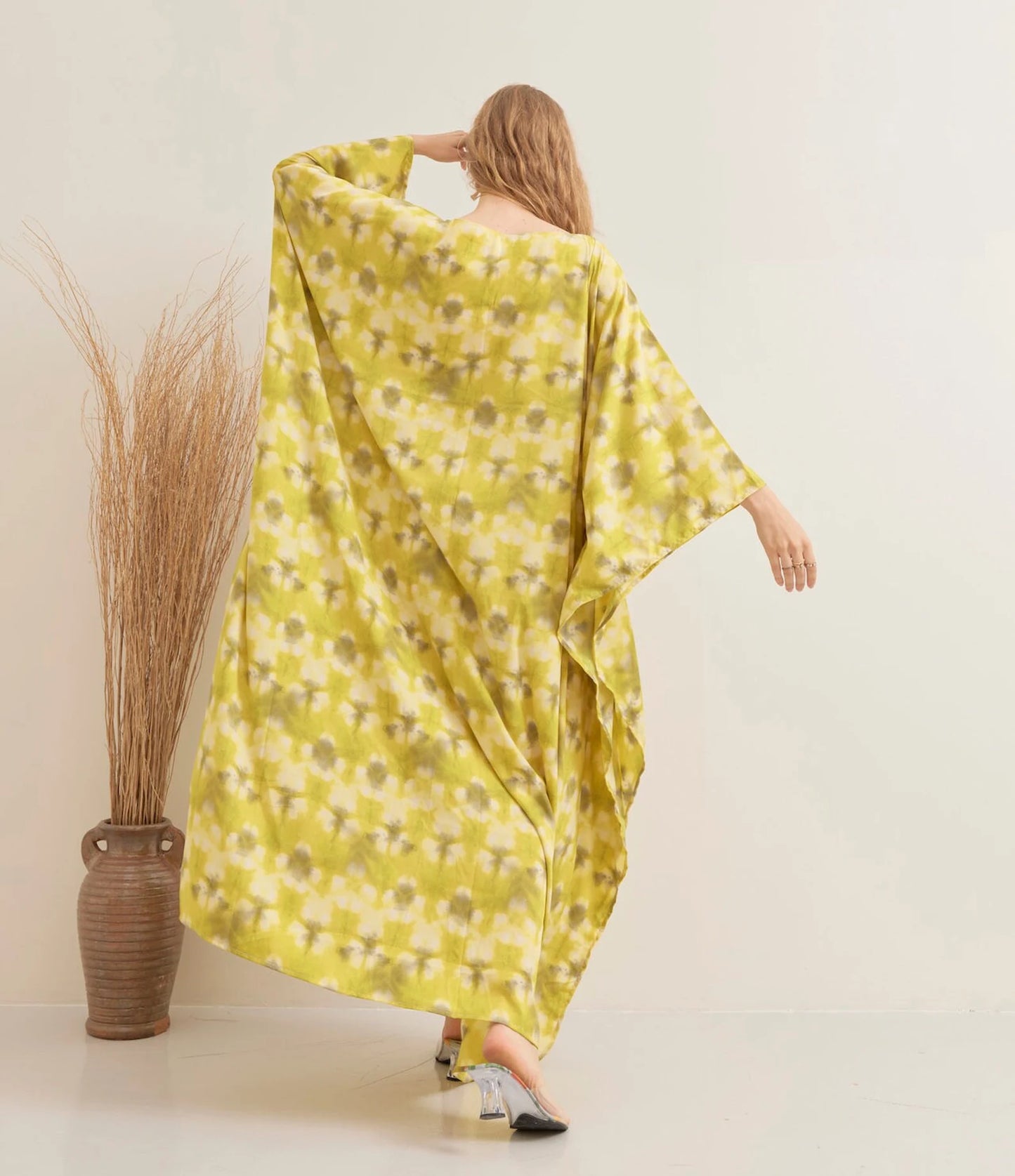 Bright Tie dye Print Yellow Kaftan Silk Wedding Dress Beach Wear Dressing Gown