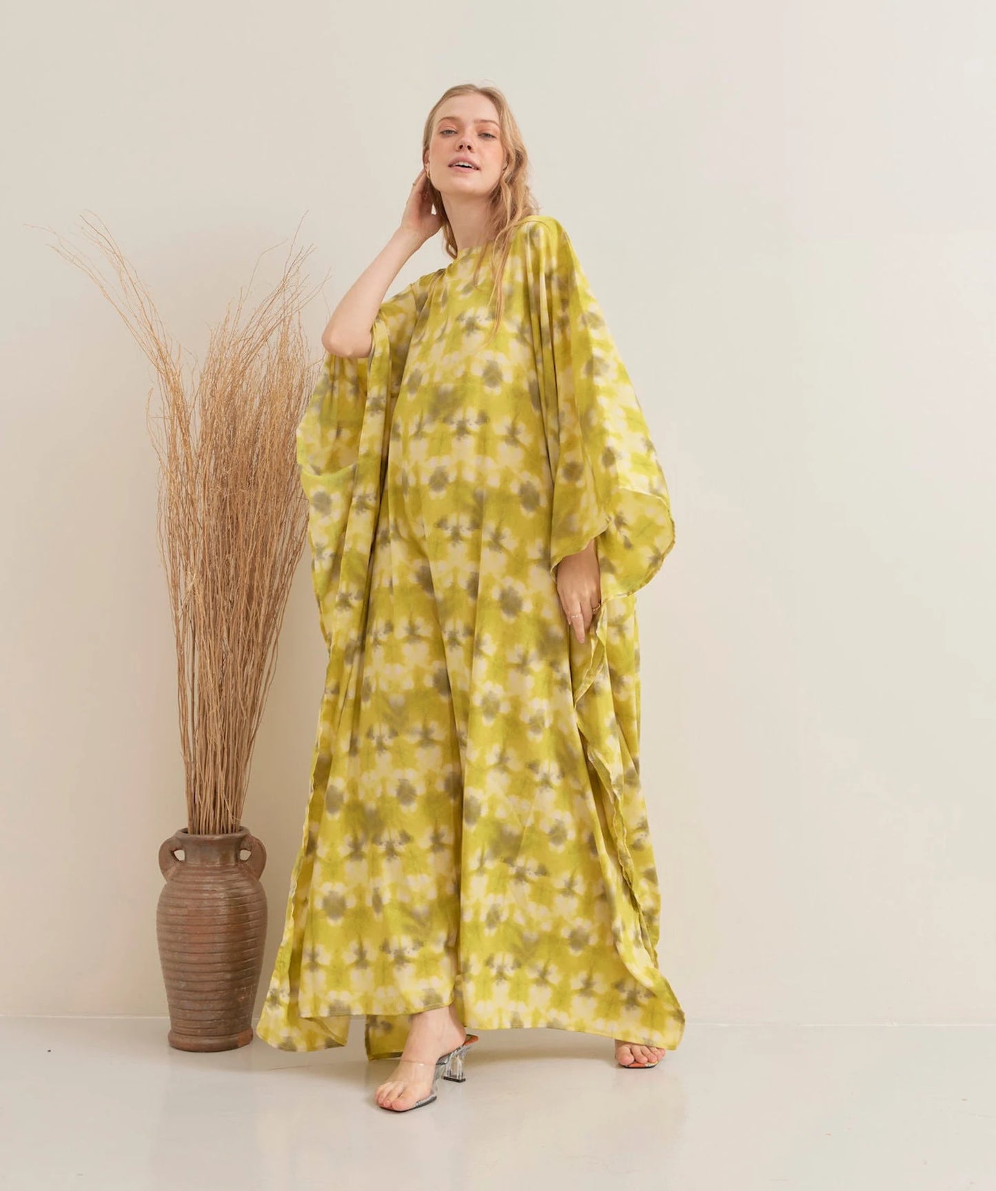 Bright Tie dye Print Yellow Kaftan Silk Wedding Dress Beach Wear Dressing Gown