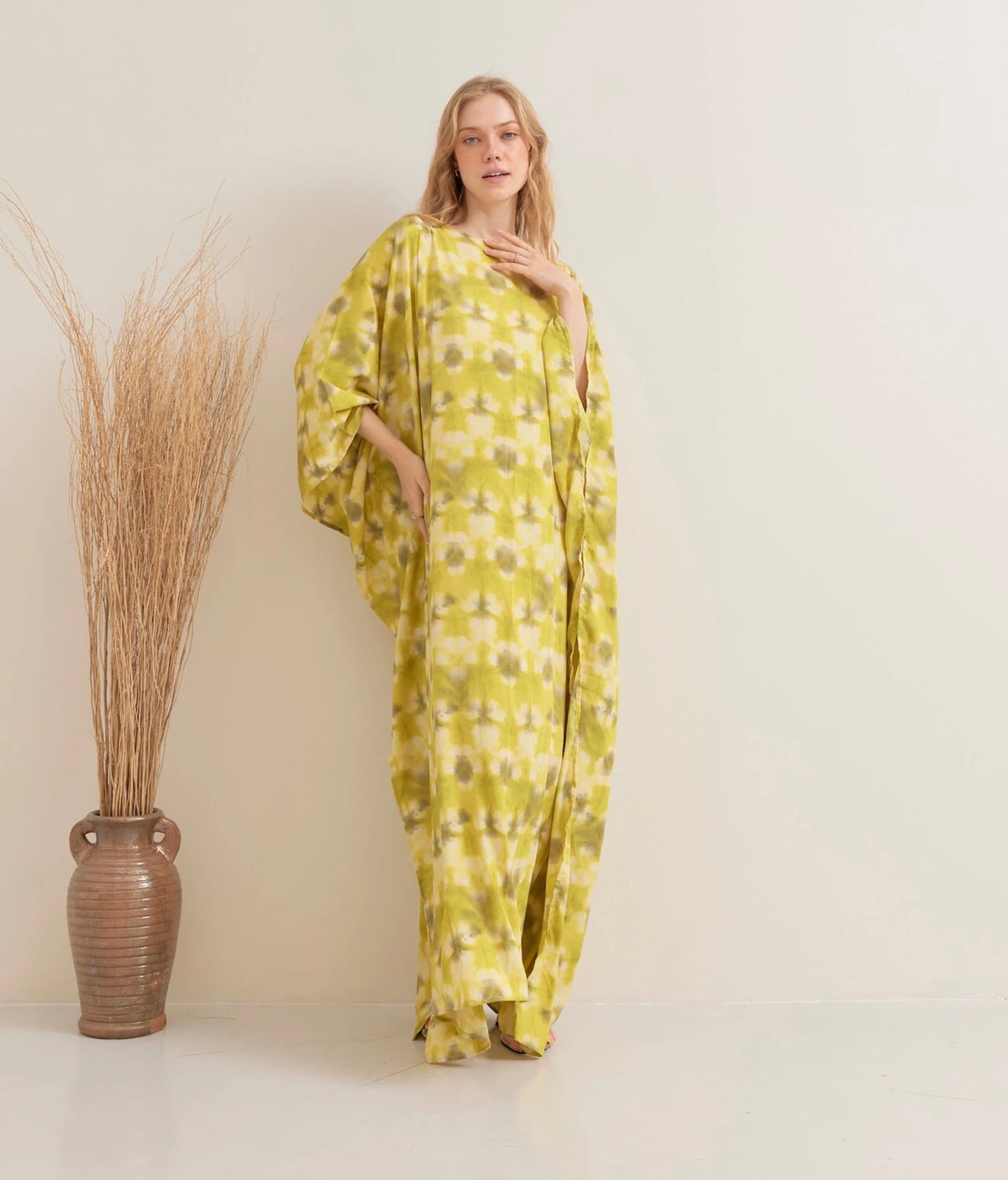 Bright Tie dye Print Yellow Kaftan Silk Wedding Dress Beach Wear Dressing Gown