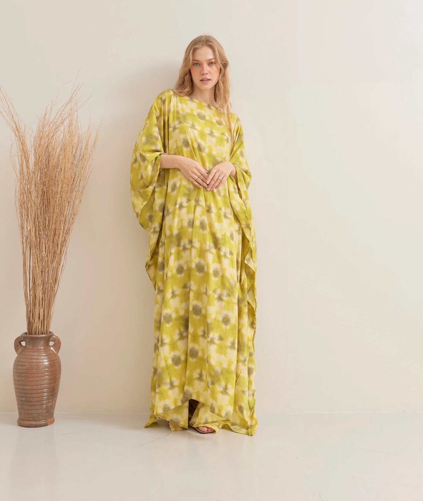 Bright Tie dye Print Yellow Kaftan Silk Wedding Dress Beach Wear Dressing Gown