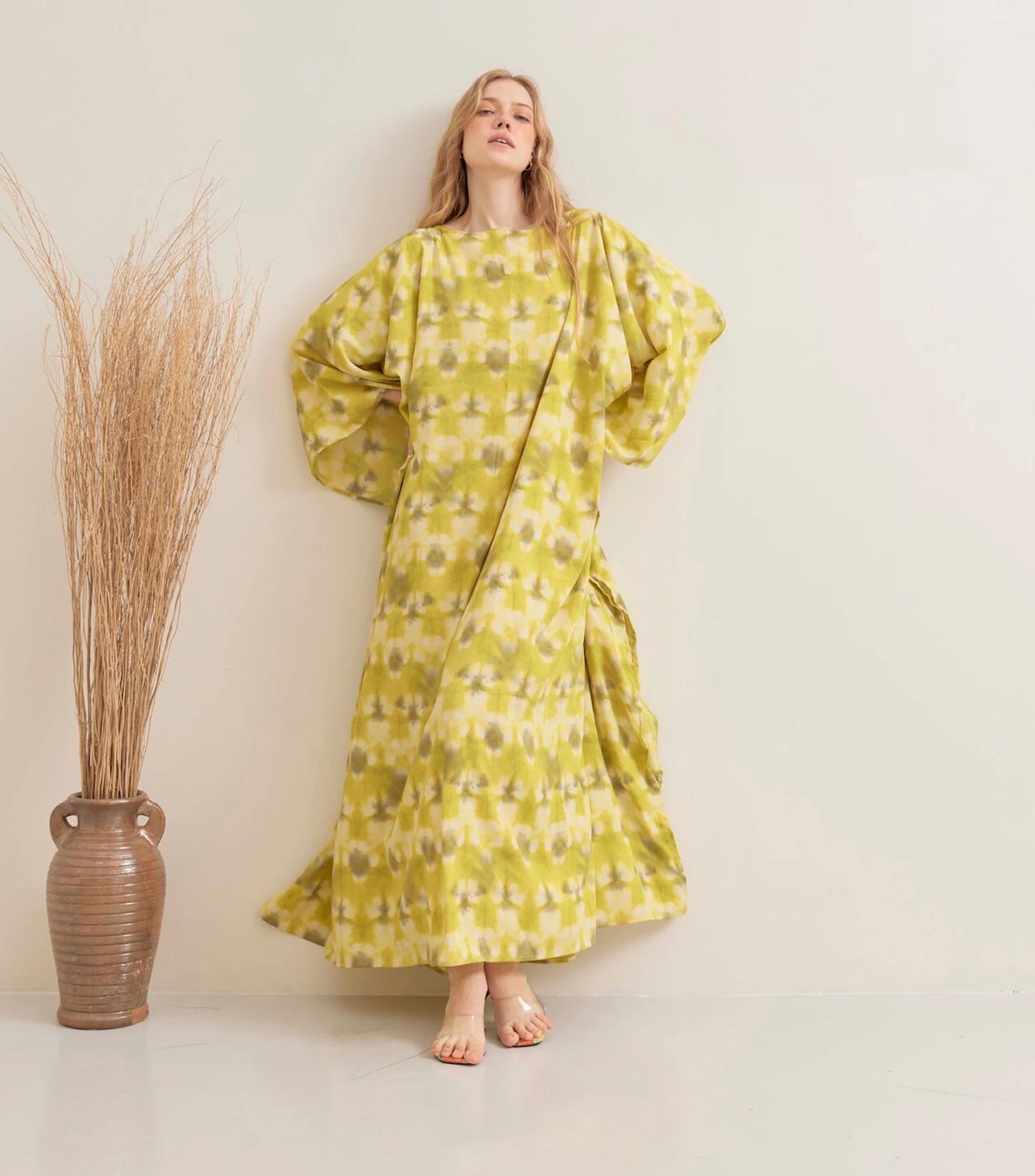 Bright Tie dye Print Yellow Kaftan Silk Wedding Dress Beach Wear Dressing Gown