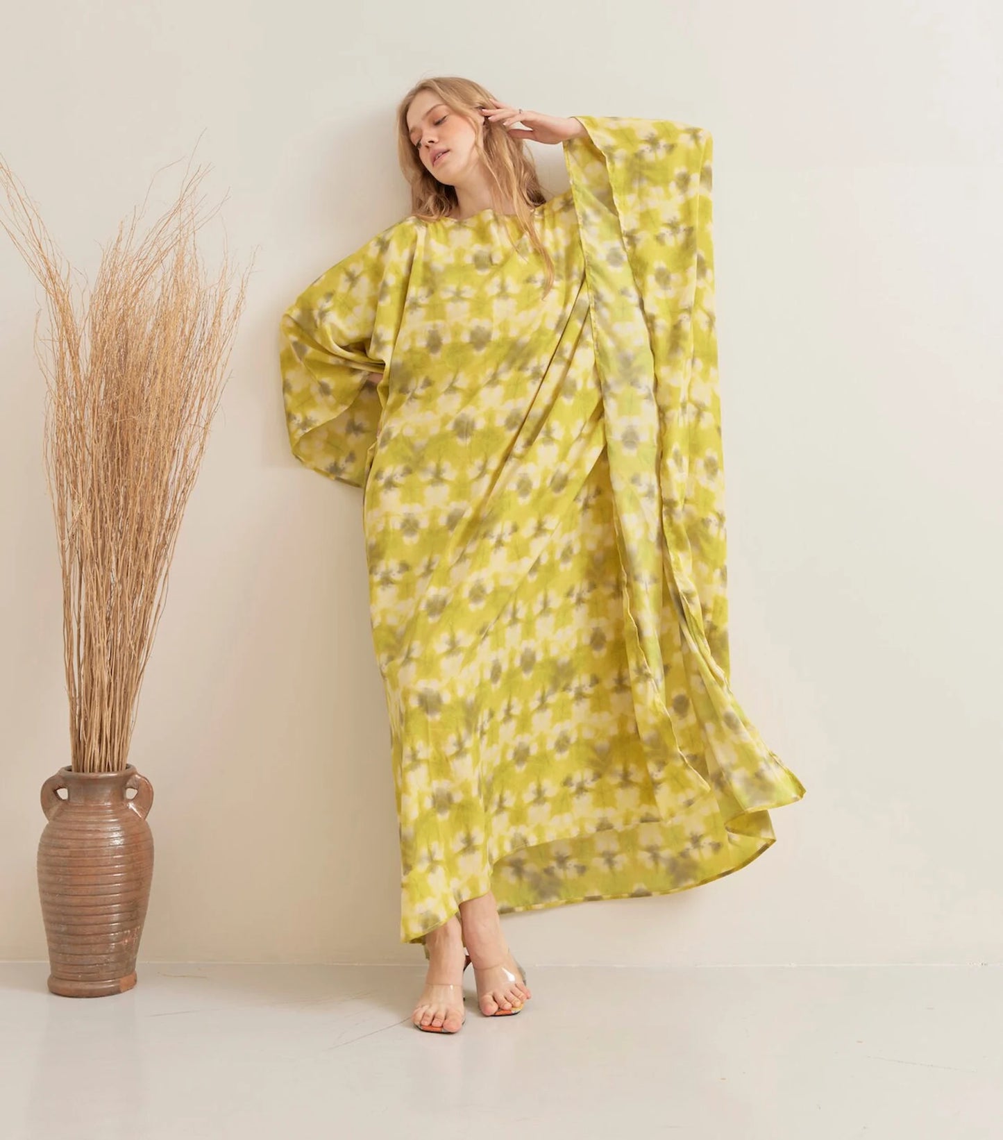 Bright Tie dye Print Yellow Kaftan Silk Wedding Dress Beach Wear Dressing Gown