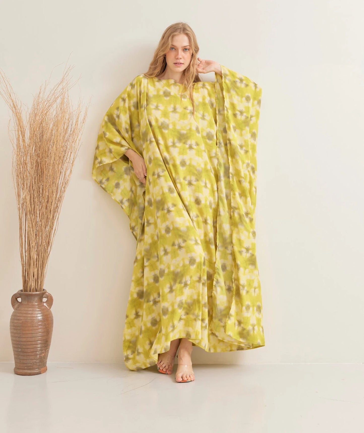 Bright Tie dye Print Yellow Kaftan Silk Wedding Dress Beach Wear Dressing Gown