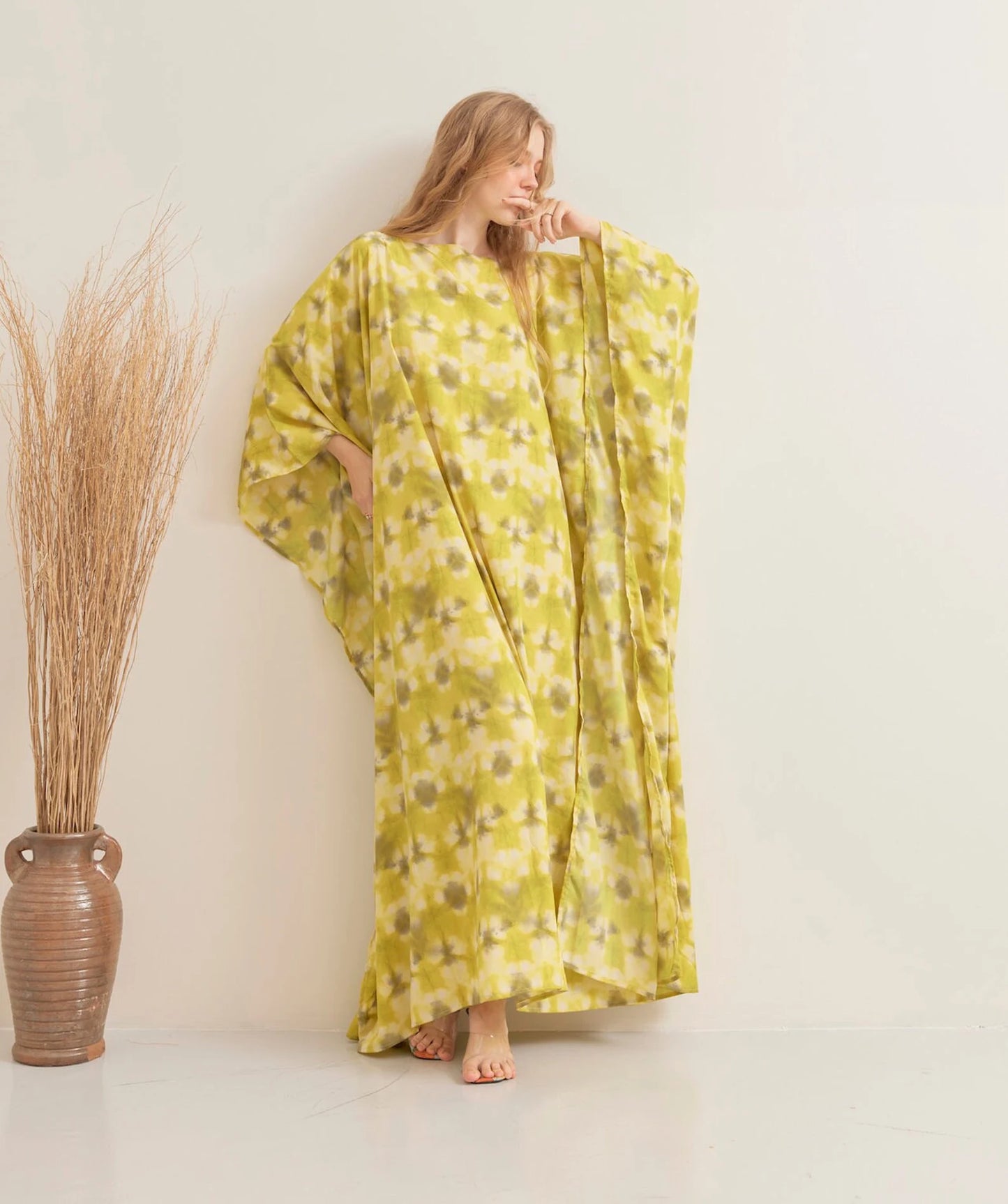 Bright Tie dye Print Yellow Kaftan Silk Wedding Dress Beach Wear Dressing Gown