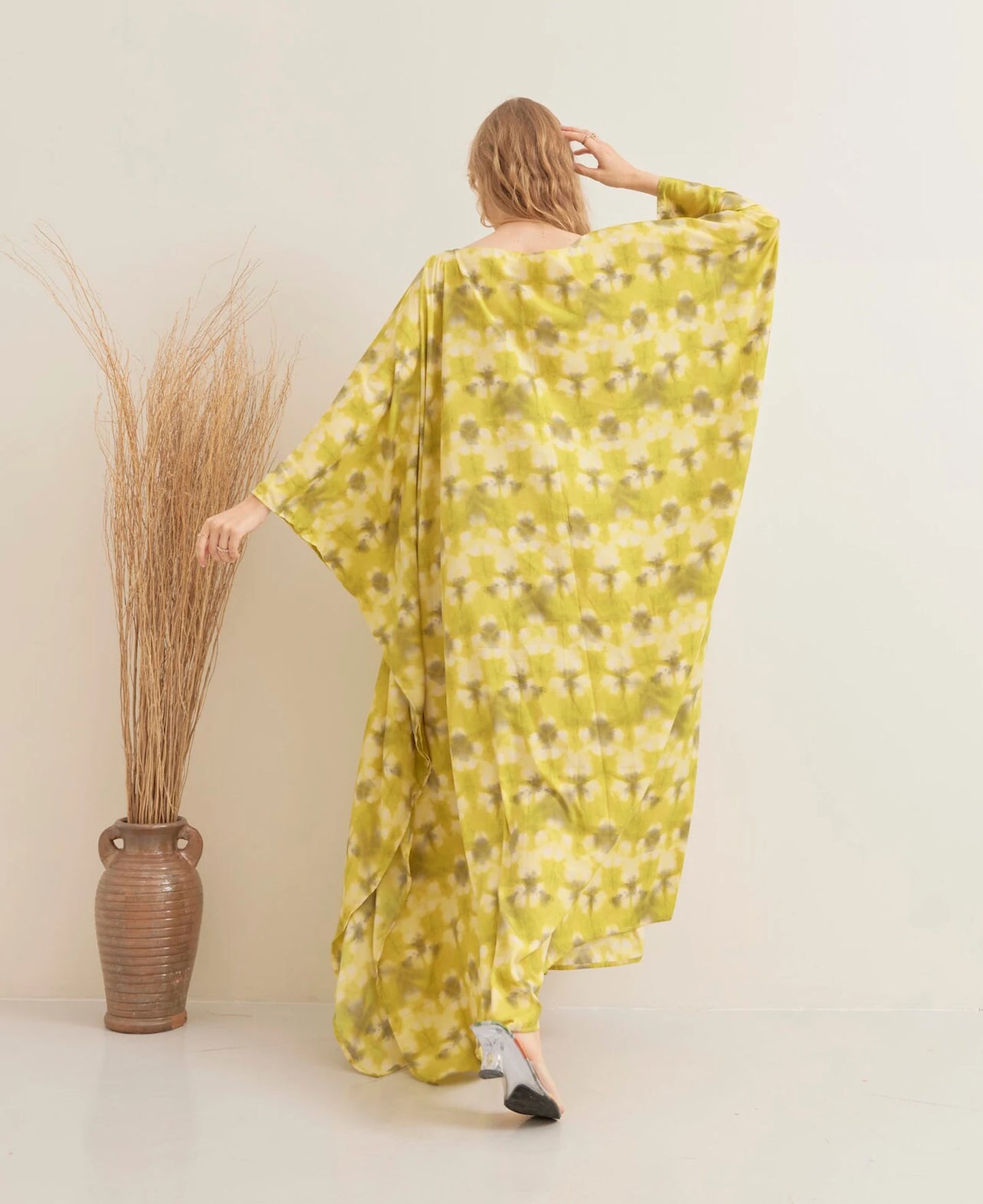 Bright Tie dye Print Yellow Kaftan Silk Wedding Dress Beach Wear Dressing Gown