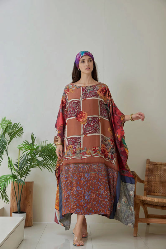 Brown Silk Scarves Patchwork Kaftan Dress