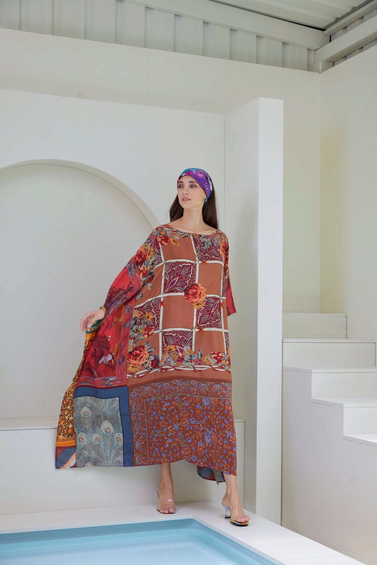 Brown Silk Scarves Patchwork Kaftan Dress