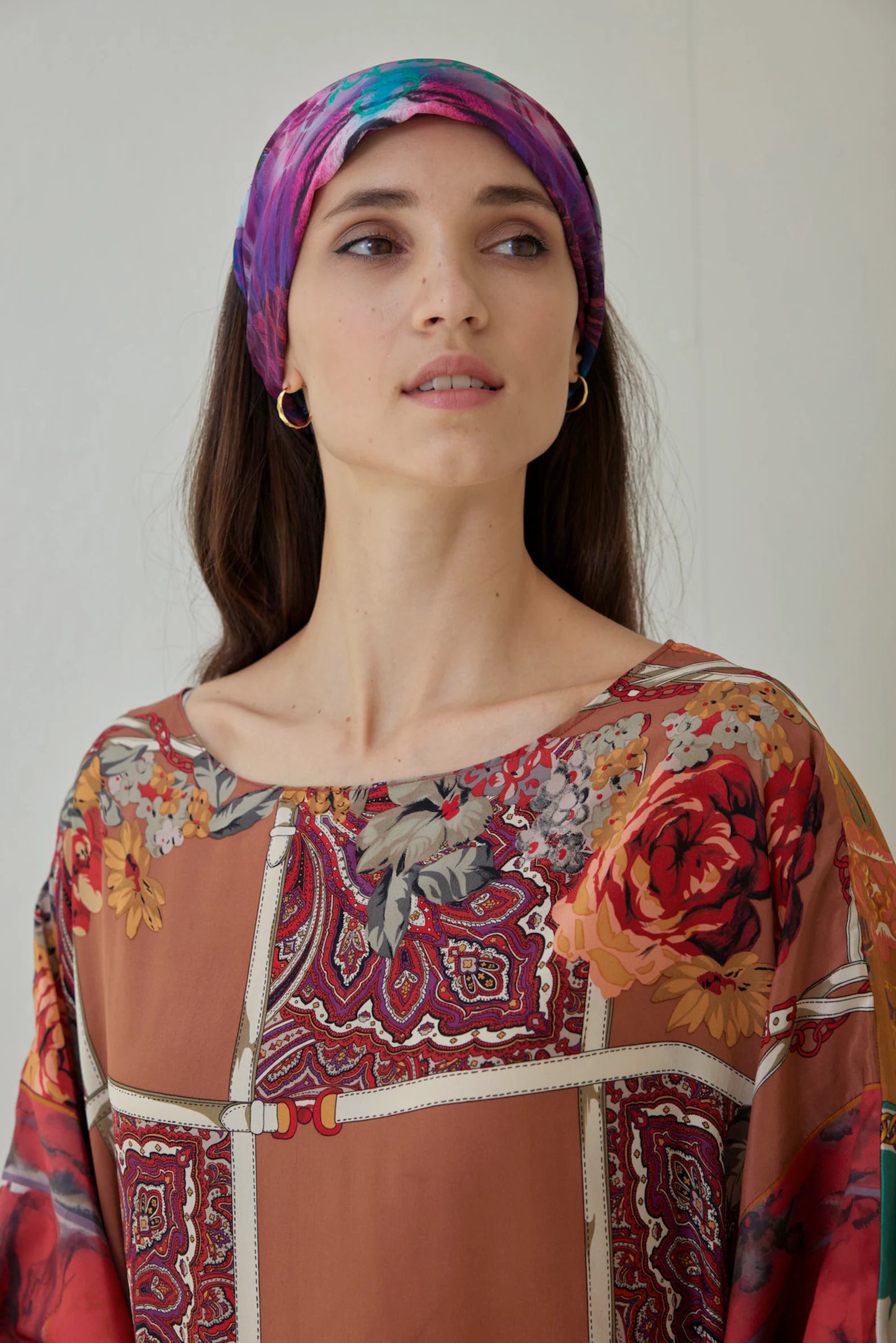 Brown Silk Scarves Patchwork Kaftan Dress