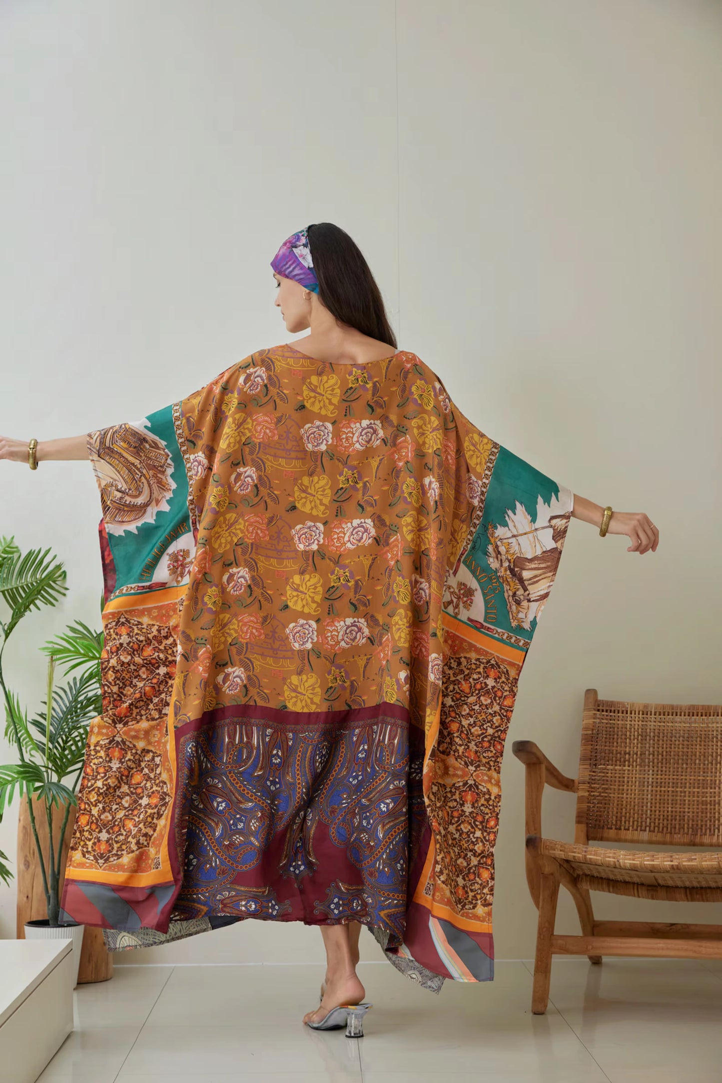 Brown Silk Scarves Patchwork Kaftan Dress