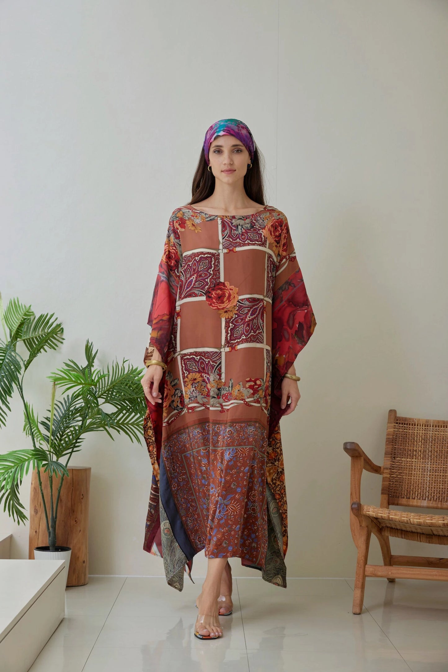 Brown Silk Scarves Patchwork Kaftan Dress