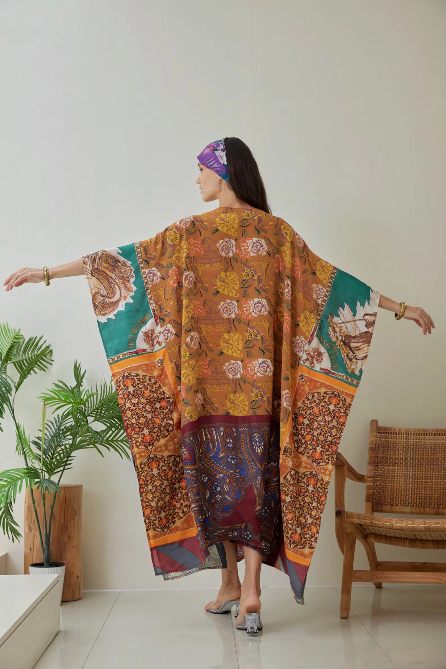 Brown Silk Scarves Patchwork Kaftan Dress