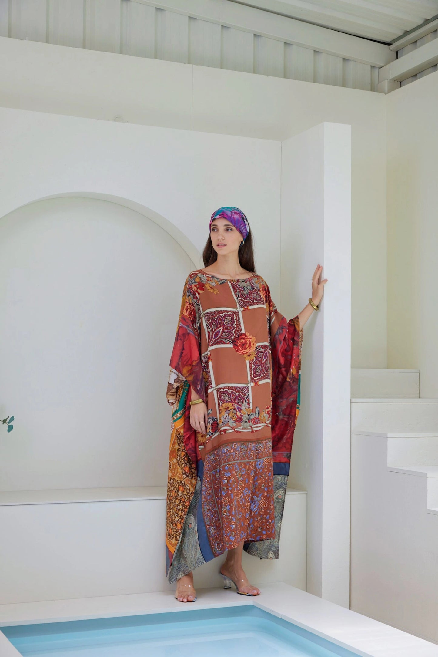 Brown Silk Scarves Patchwork Kaftan Dress