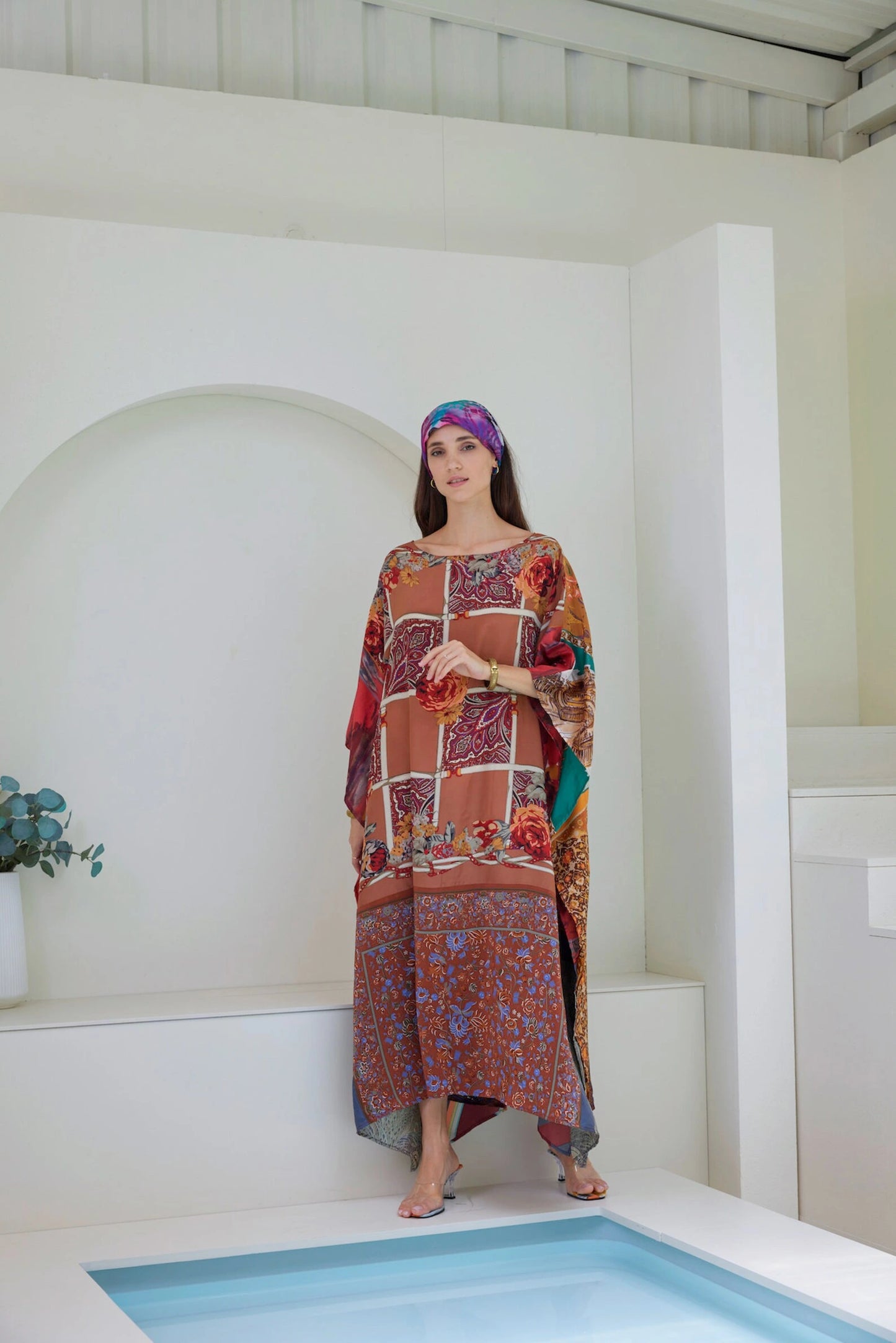 Brown Silk Scarves Patchwork Kaftan Dress