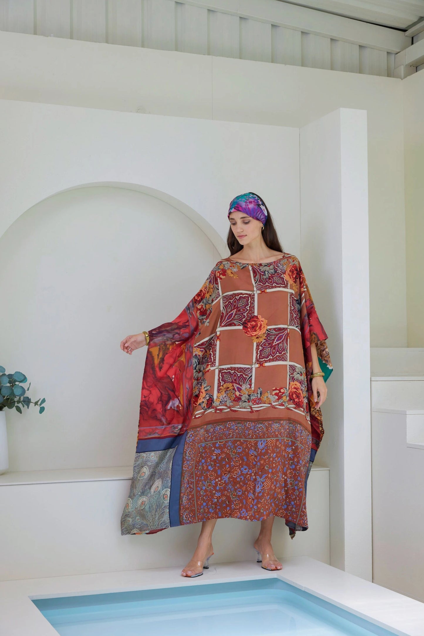 Brown Silk Scarves Patchwork Kaftan Dress