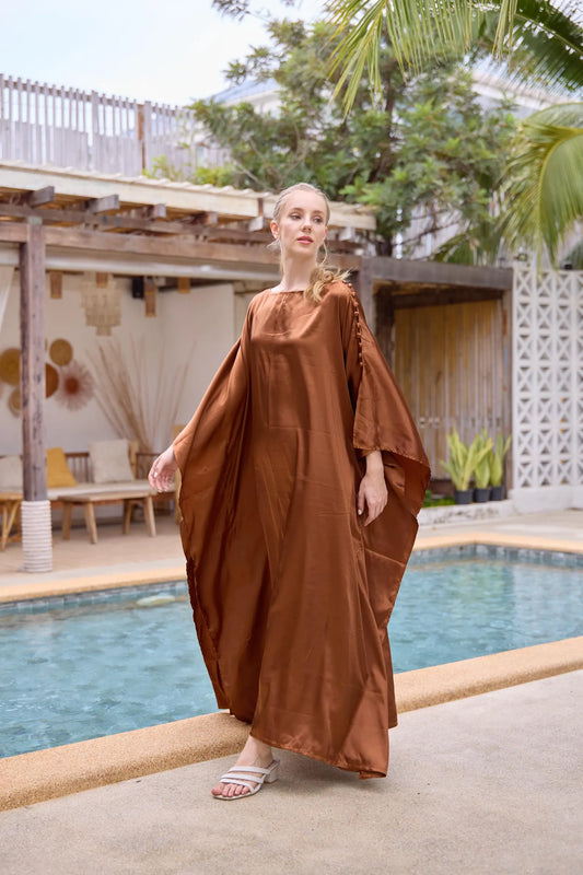 Button at Shoulder Dark Cocoa Brown silk charmeuse Kaftan Dress